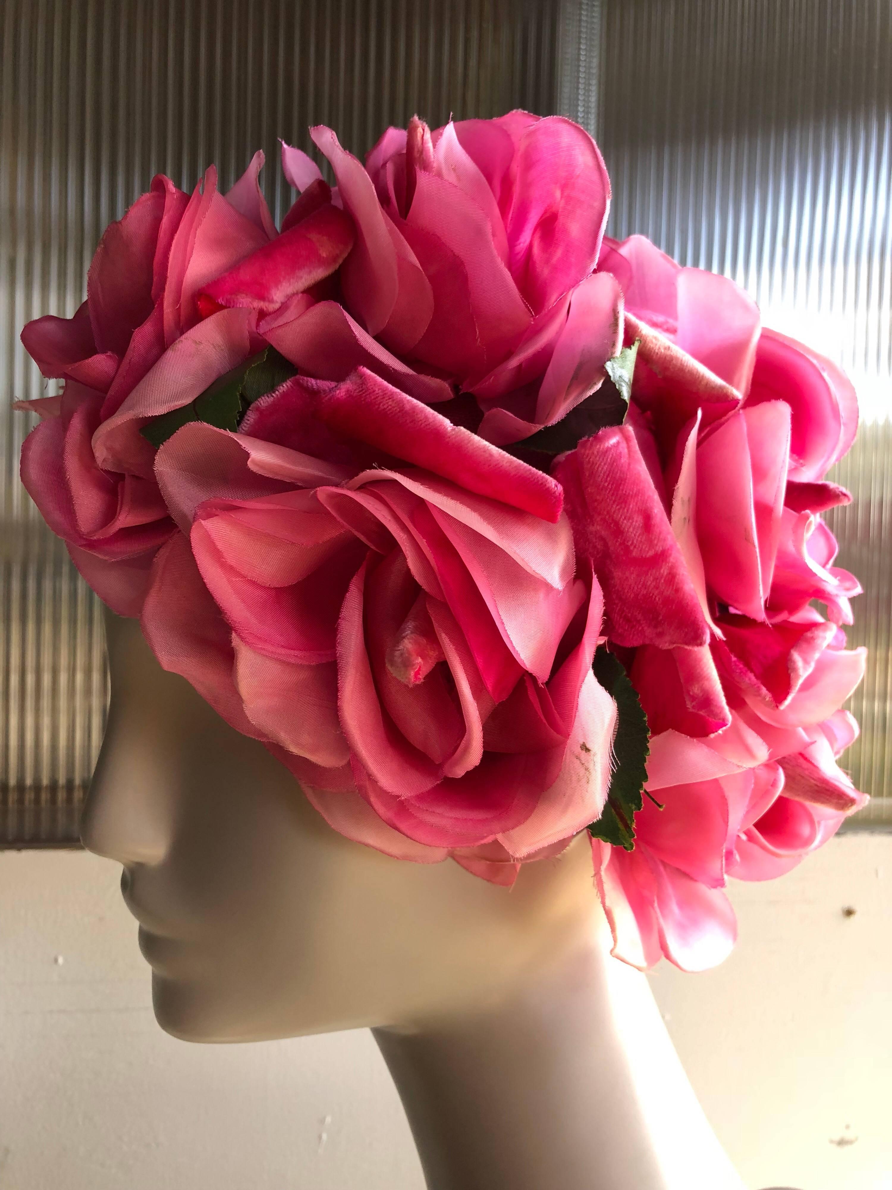1960s Saks Fifth Avenue Vibrant Pink Silk Roses and Floral Hat In Good Condition In Gresham, OR