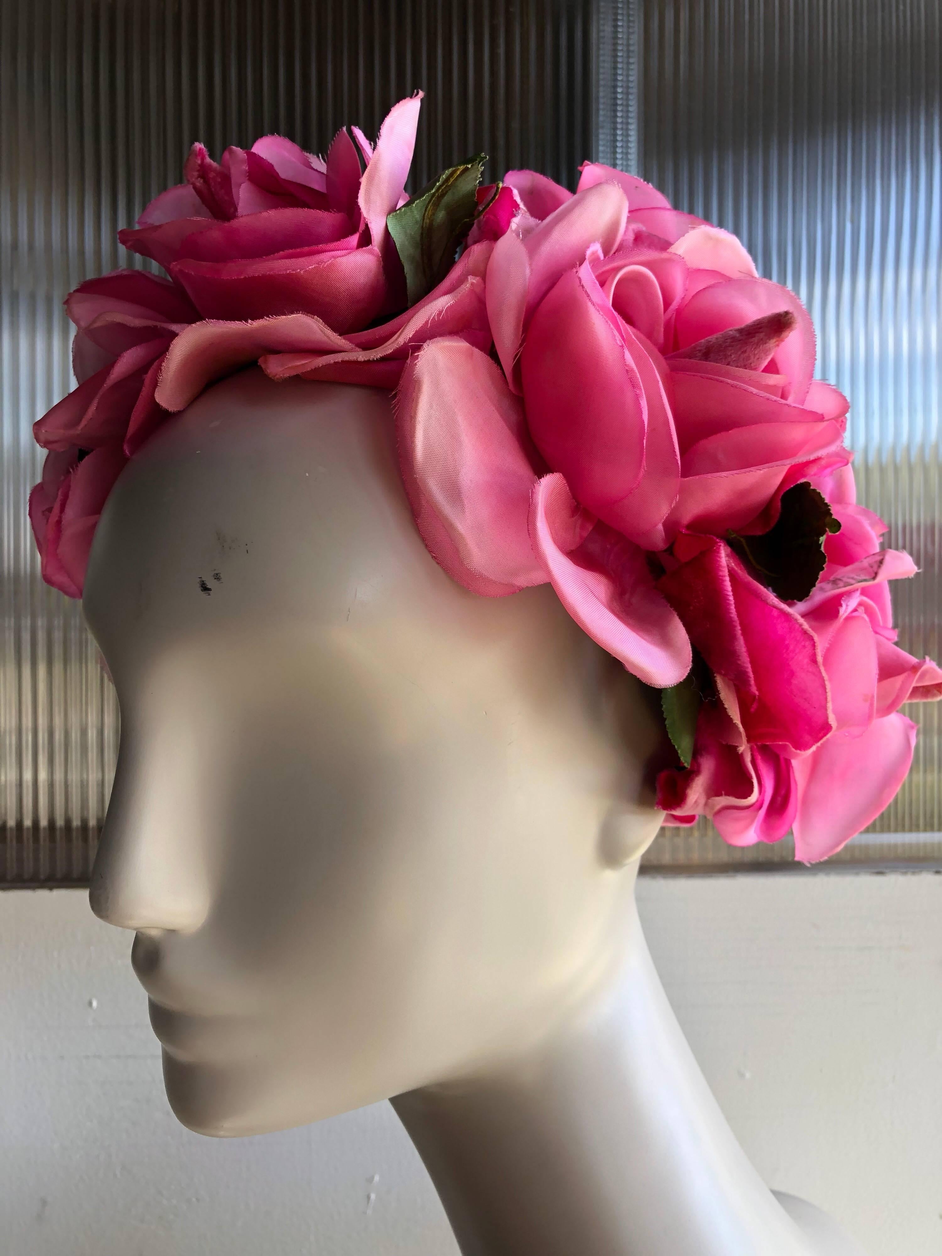 1960s Saks Fifth Avenue Vibrant Pink Silk Roses and Floral Hat 2