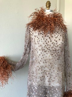 Abito Ruben Panis anni '70 in chiffon di seta e piume floccate