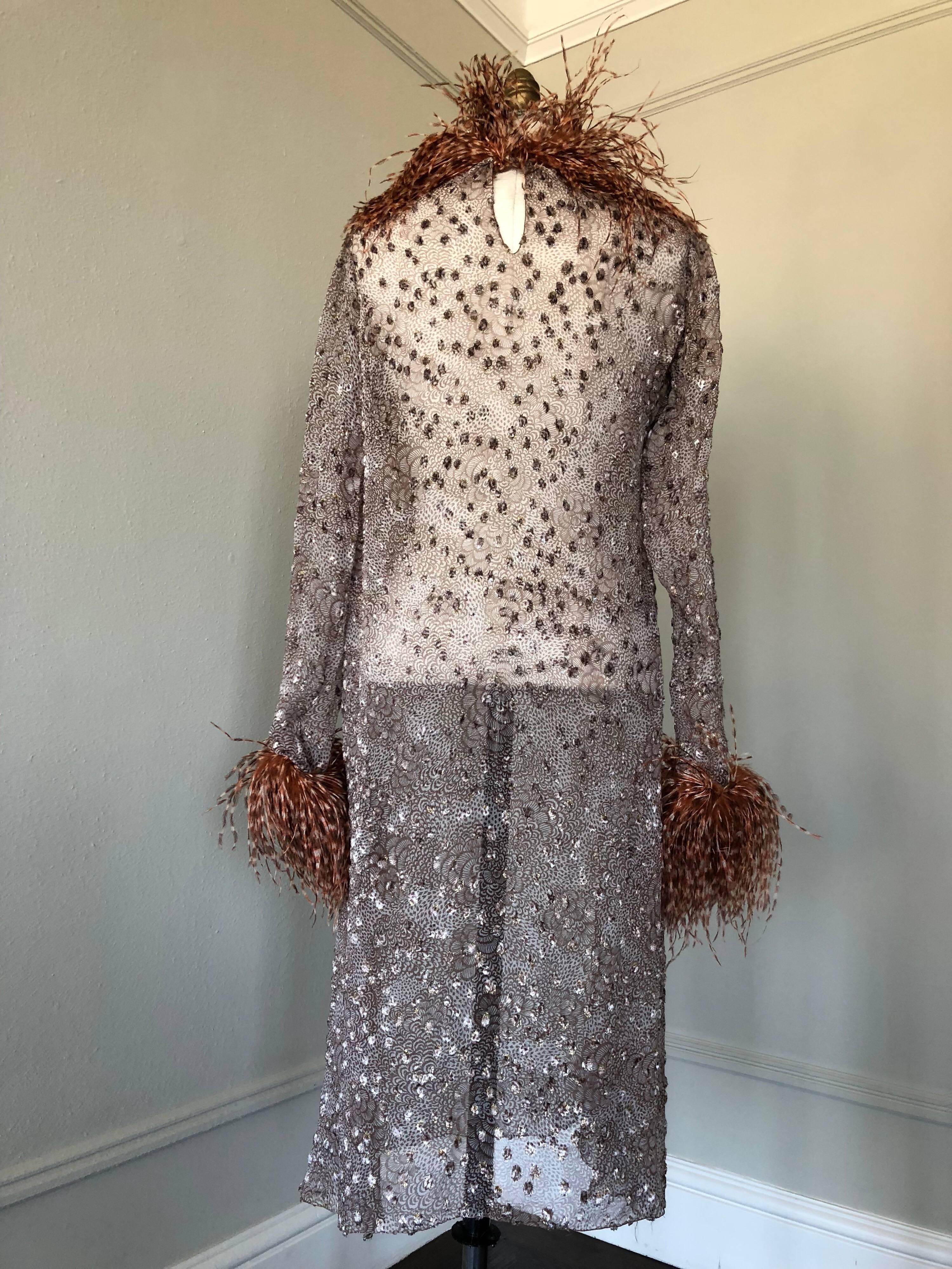 1970s Ruben Panis Flocked Silk Chiffon & Feather Dress In Excellent Condition For Sale In Gresham, OR