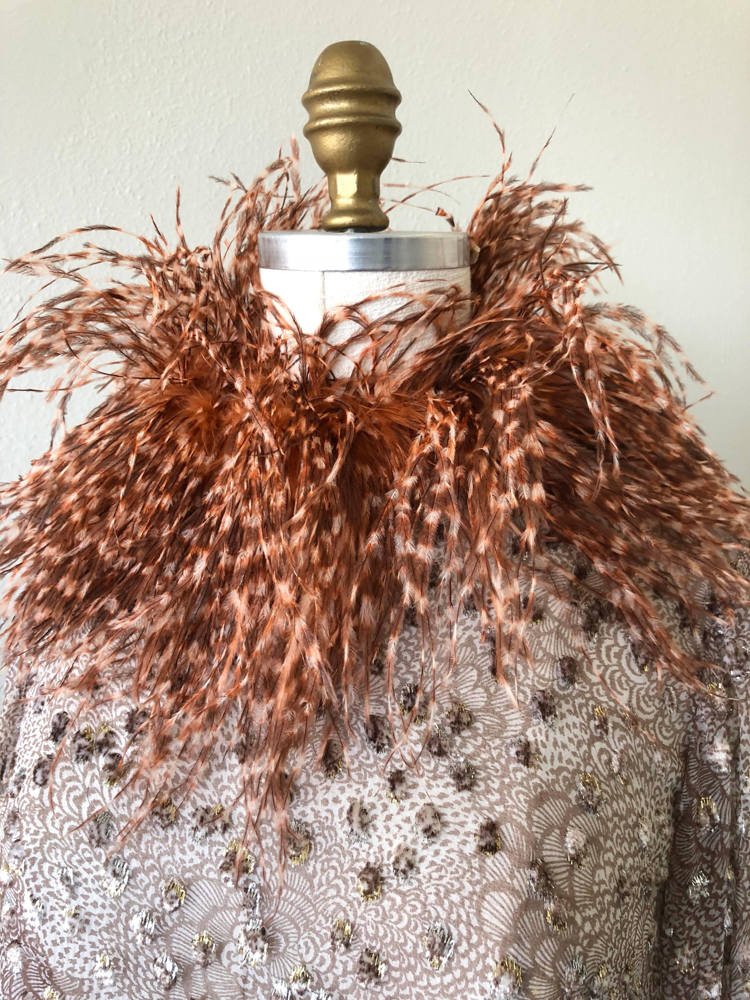 Women's 1970s Ruben Panis Flocked Silk Chiffon & Feather Dress For Sale