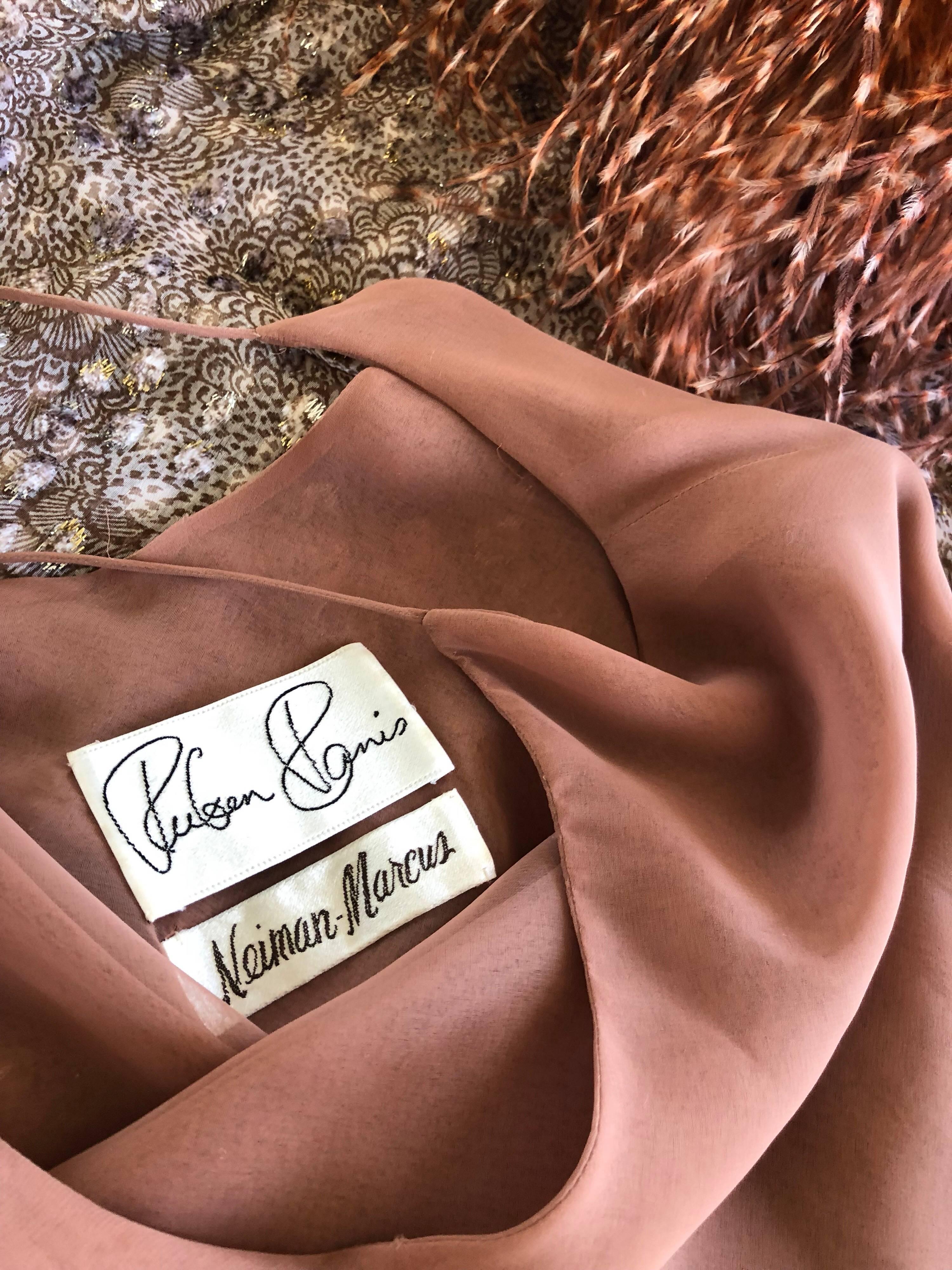 1970s Ruben Panis Flocked Silk Chiffon & Feather Dress For Sale 5
