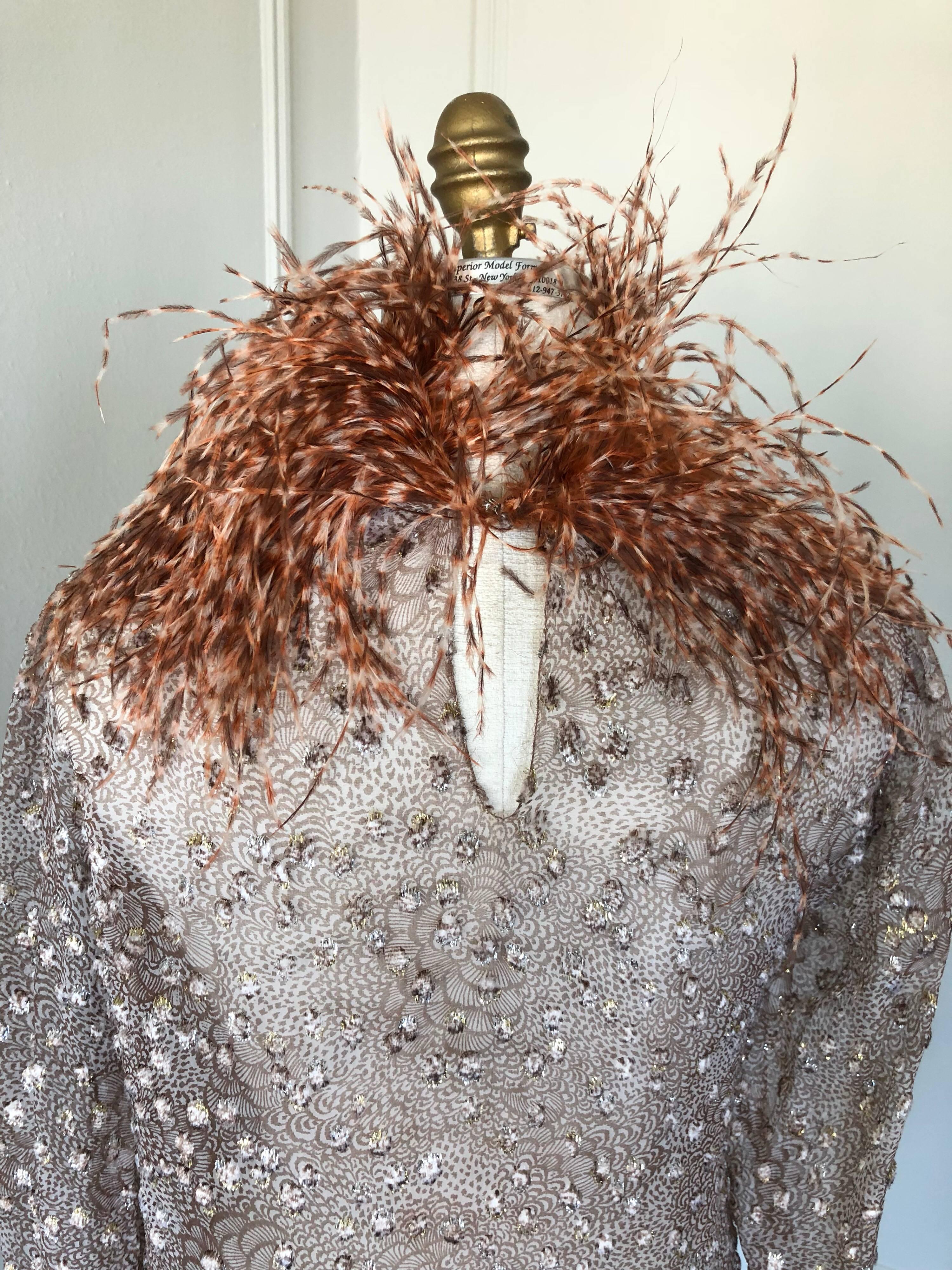 1970s Ruben Panis Flocked Silk Chiffon & Feather Dress For Sale 1