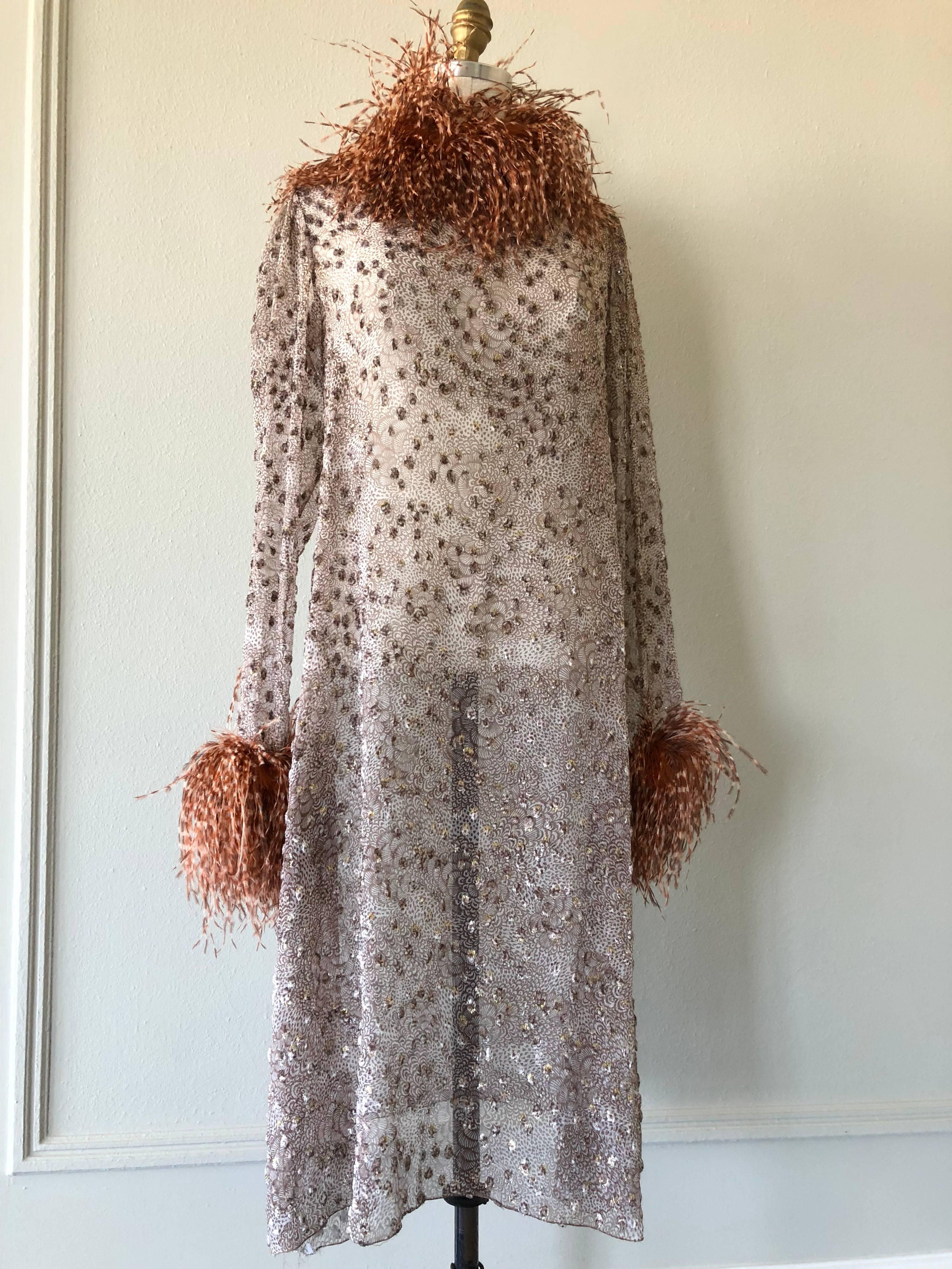 1970s Ruben Panis Flocked Silk Chiffon & Feather Dress For Sale 2