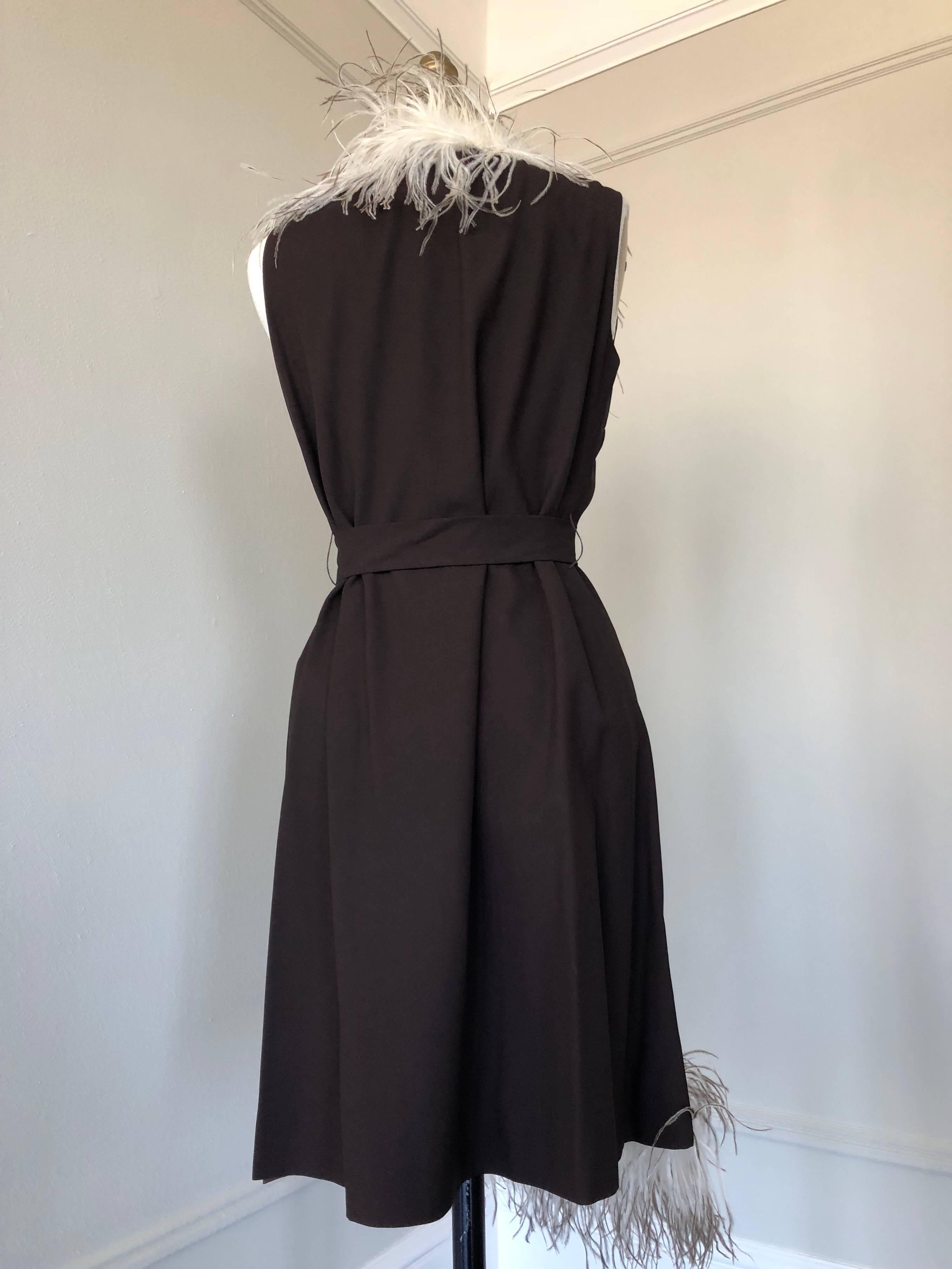 1960s Mr. Gee Black Crepe Wrap Dress W/ Ostrich feather Trim In Excellent Condition In Gresham, OR