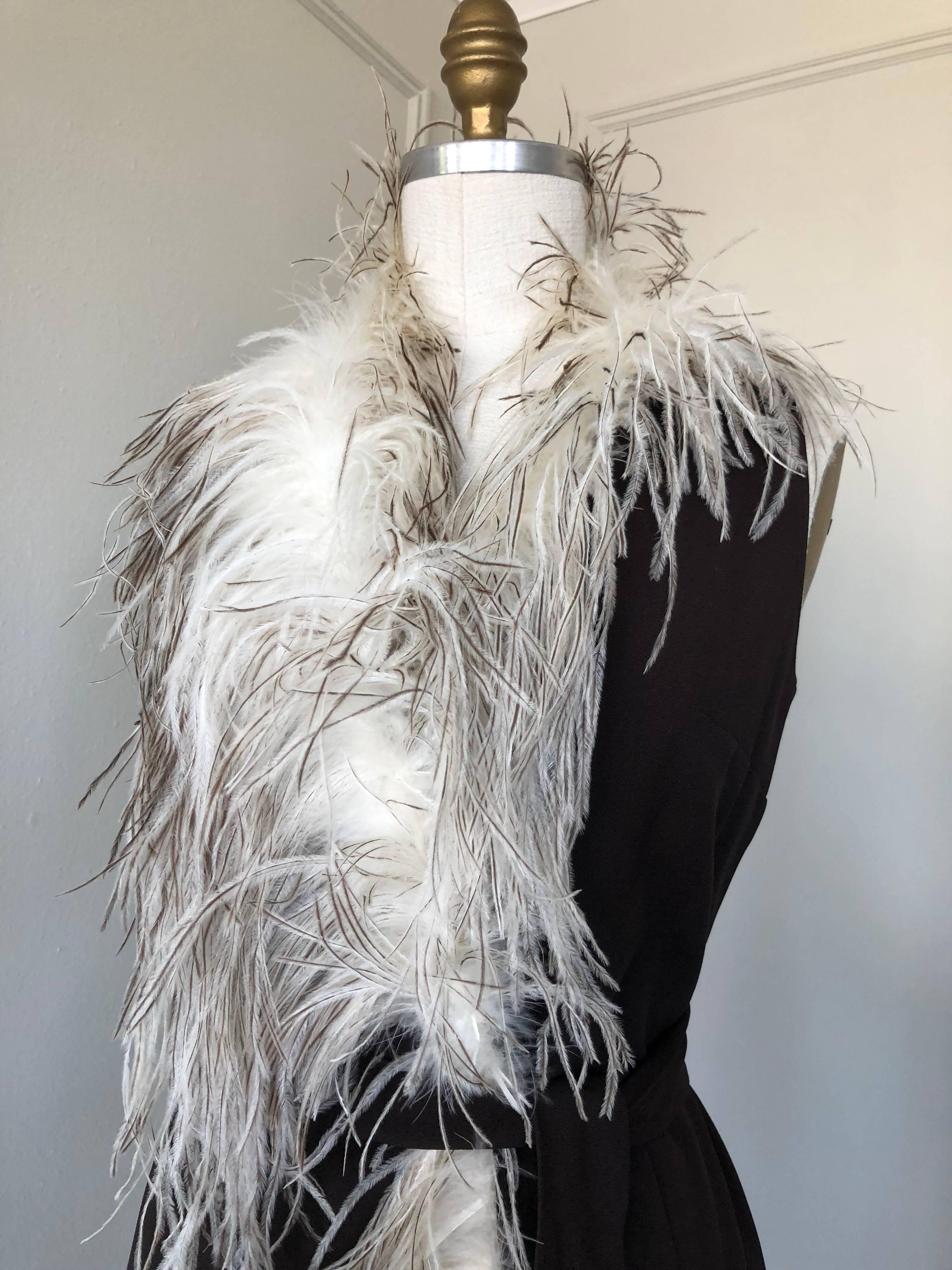 Women's 1960s Mr. Gee Black Crepe Wrap Dress W/ Ostrich feather Trim