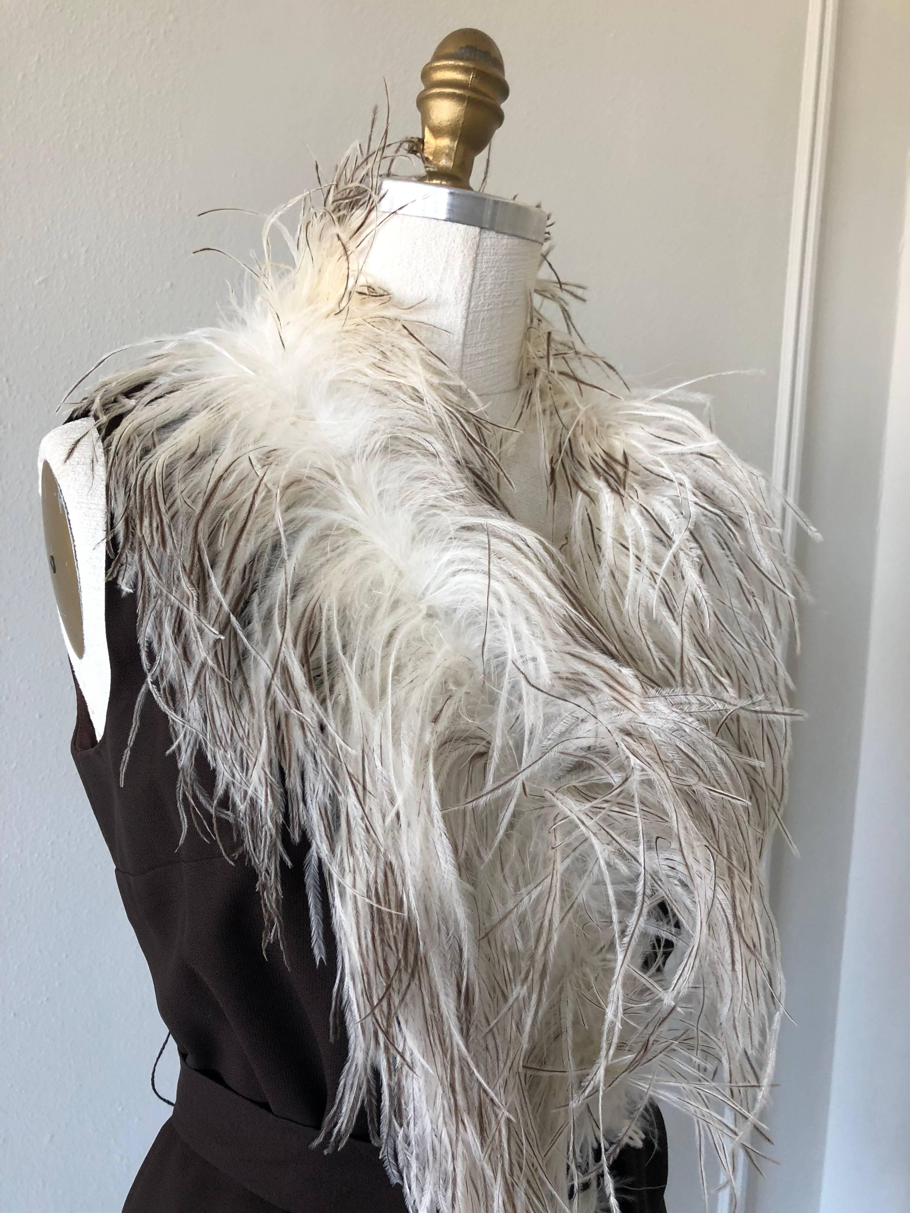 1960s Mr. Gee Black Crepe Wrap Dress W/ Ostrich feather Trim 1