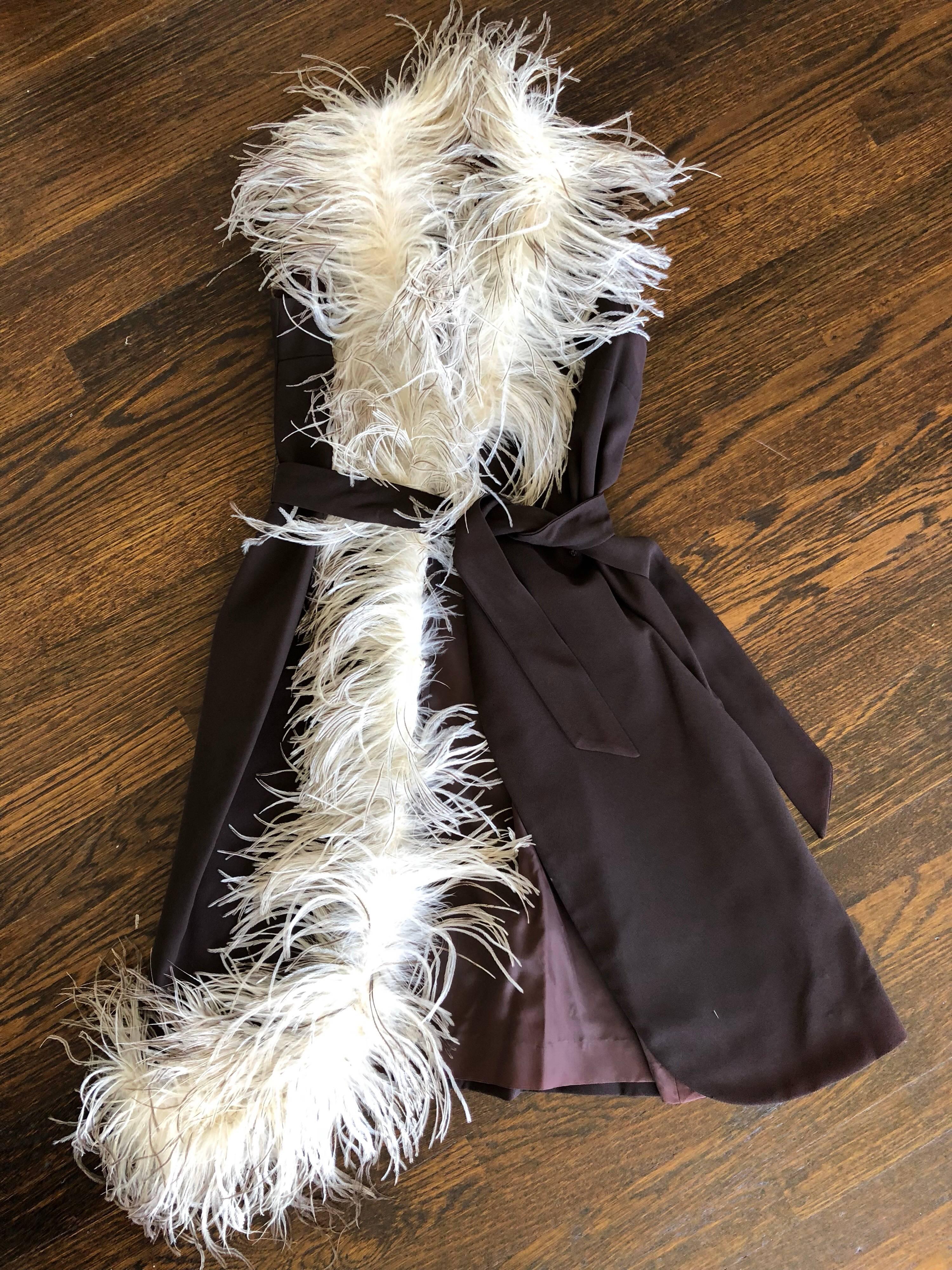 1960s Mr. Gee Black Crepe Wrap Dress W/ Ostrich feather Trim 6