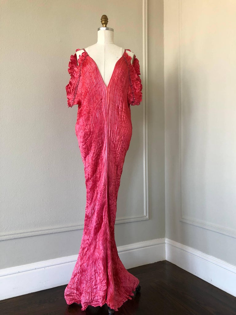 Red 1980s Patricia Lester Coral Silk Fortuny Style Delphos Gown For Sale