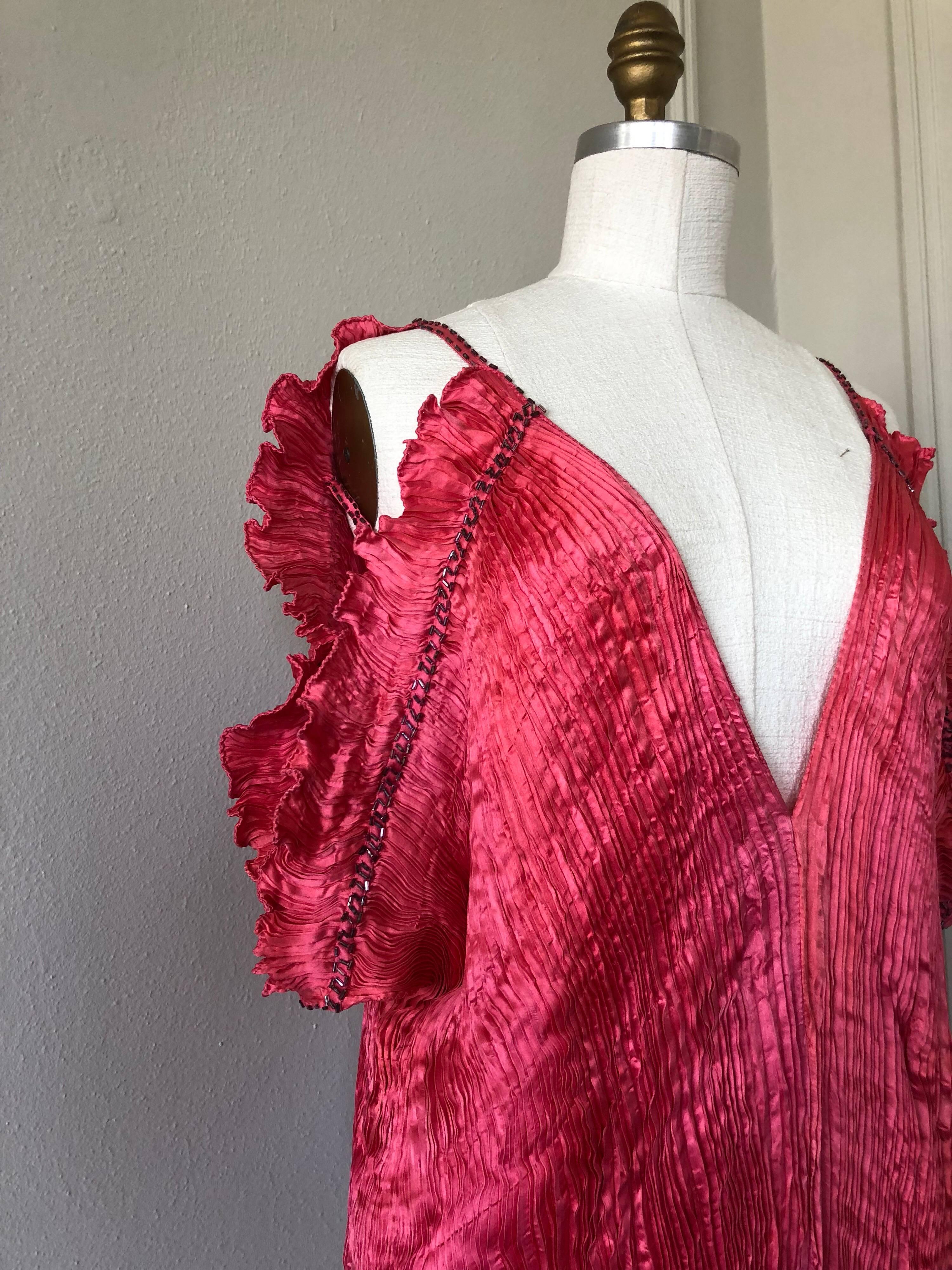 Red 1980s Patricia Lester Coral Silk Fortuny Style Delphos Gown