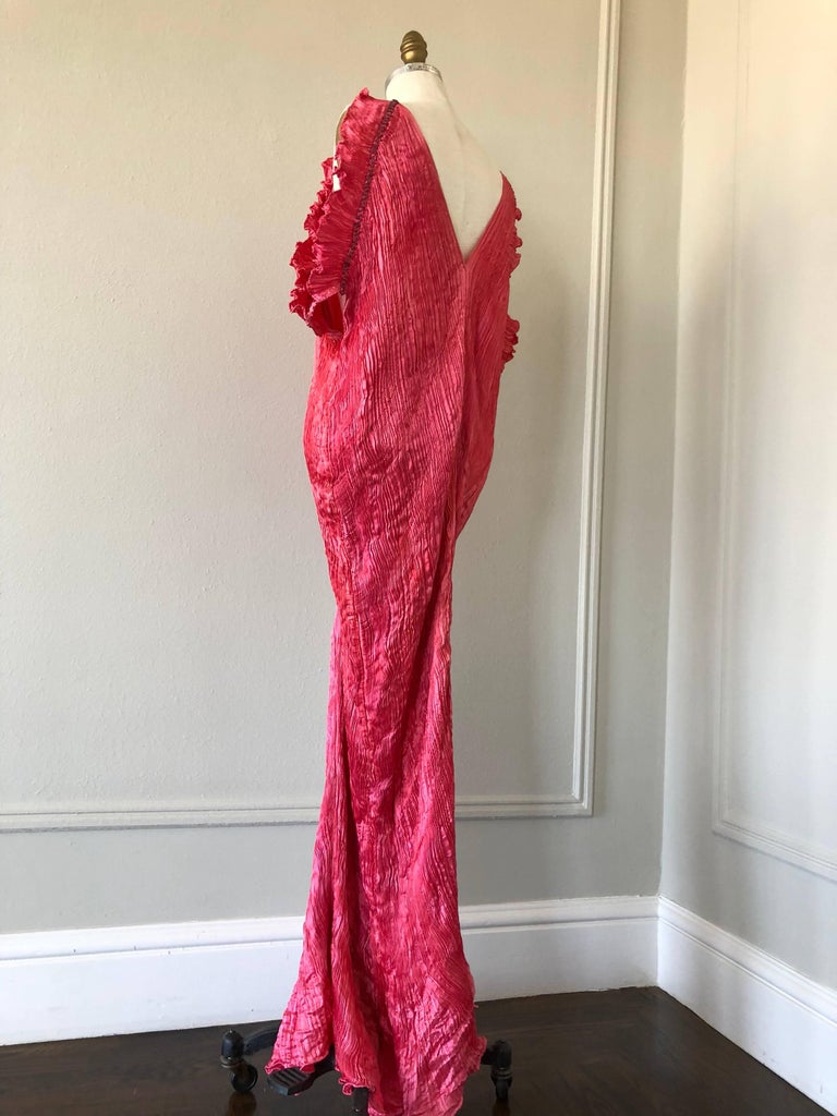 1980s Patricia Lester Coral Silk Fortuny Style Delphos Gown For Sale 2
