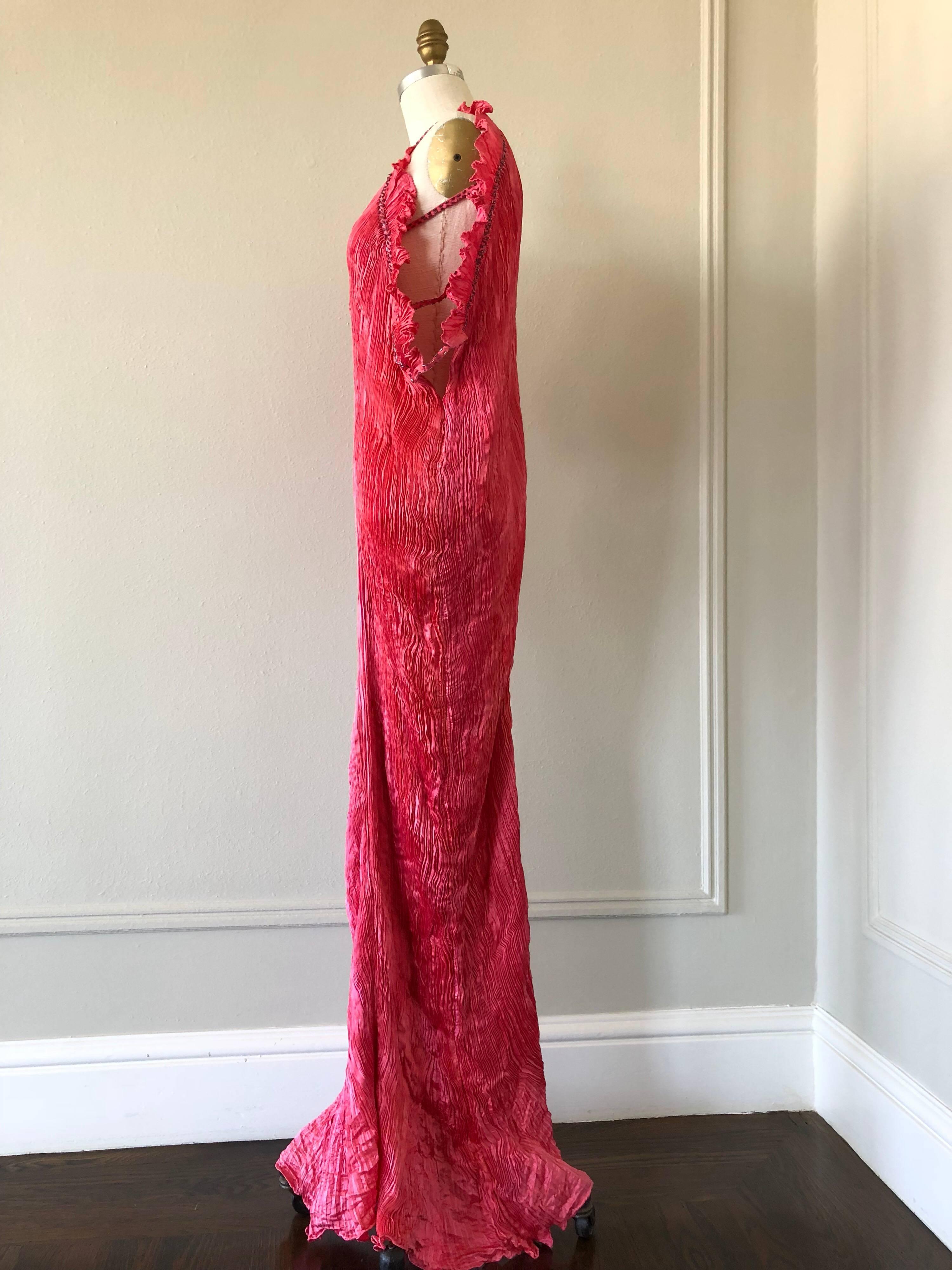 Women's 1980s Patricia Lester Coral Silk Fortuny Style Delphos Gown