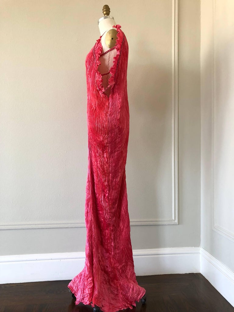 1980s Patricia Lester Coral Silk Fortuny Style Delphos Gown For Sale 3