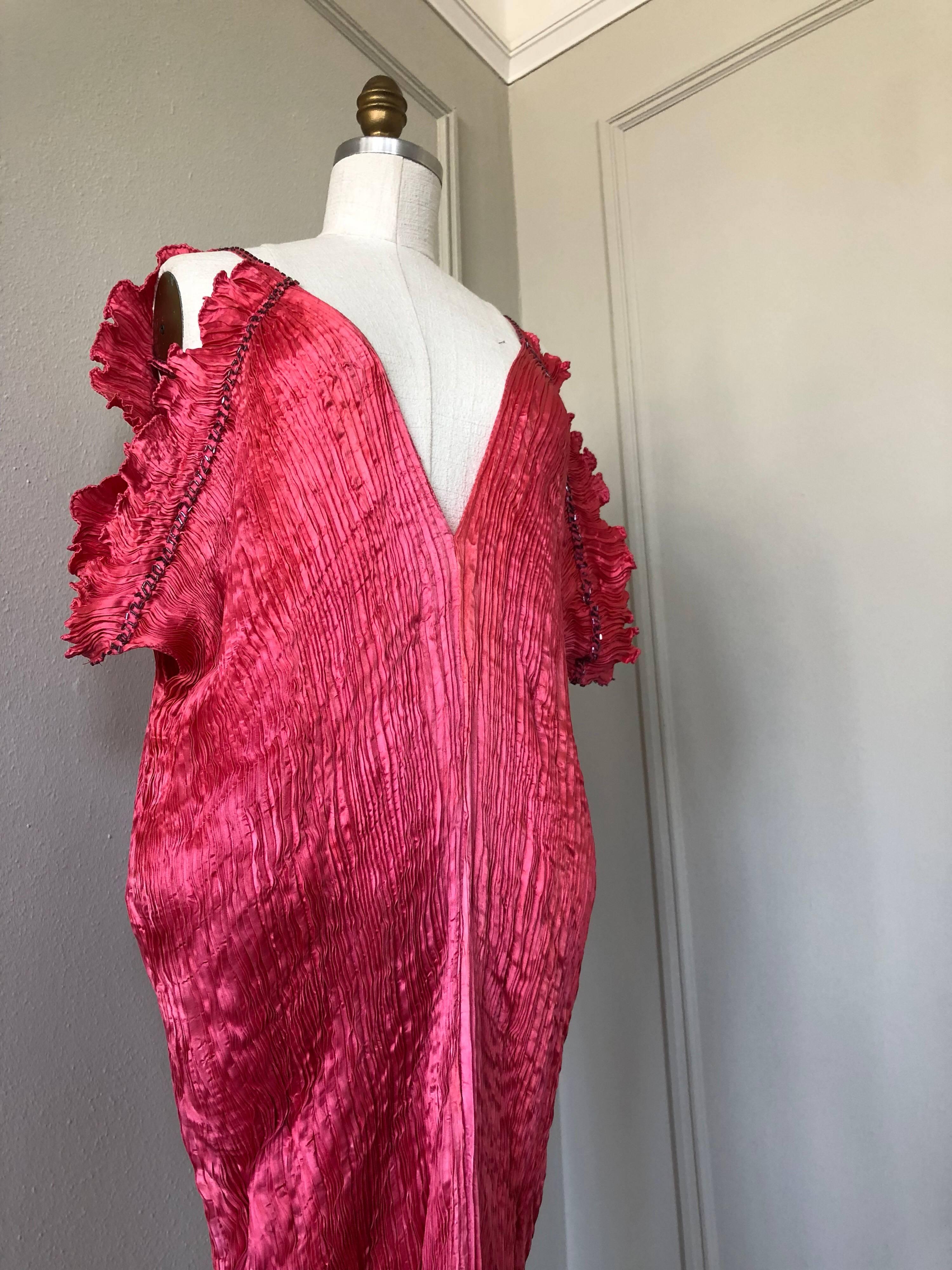 1980s Patricia Lester Coral Silk Fortuny Style Delphos Gown 2