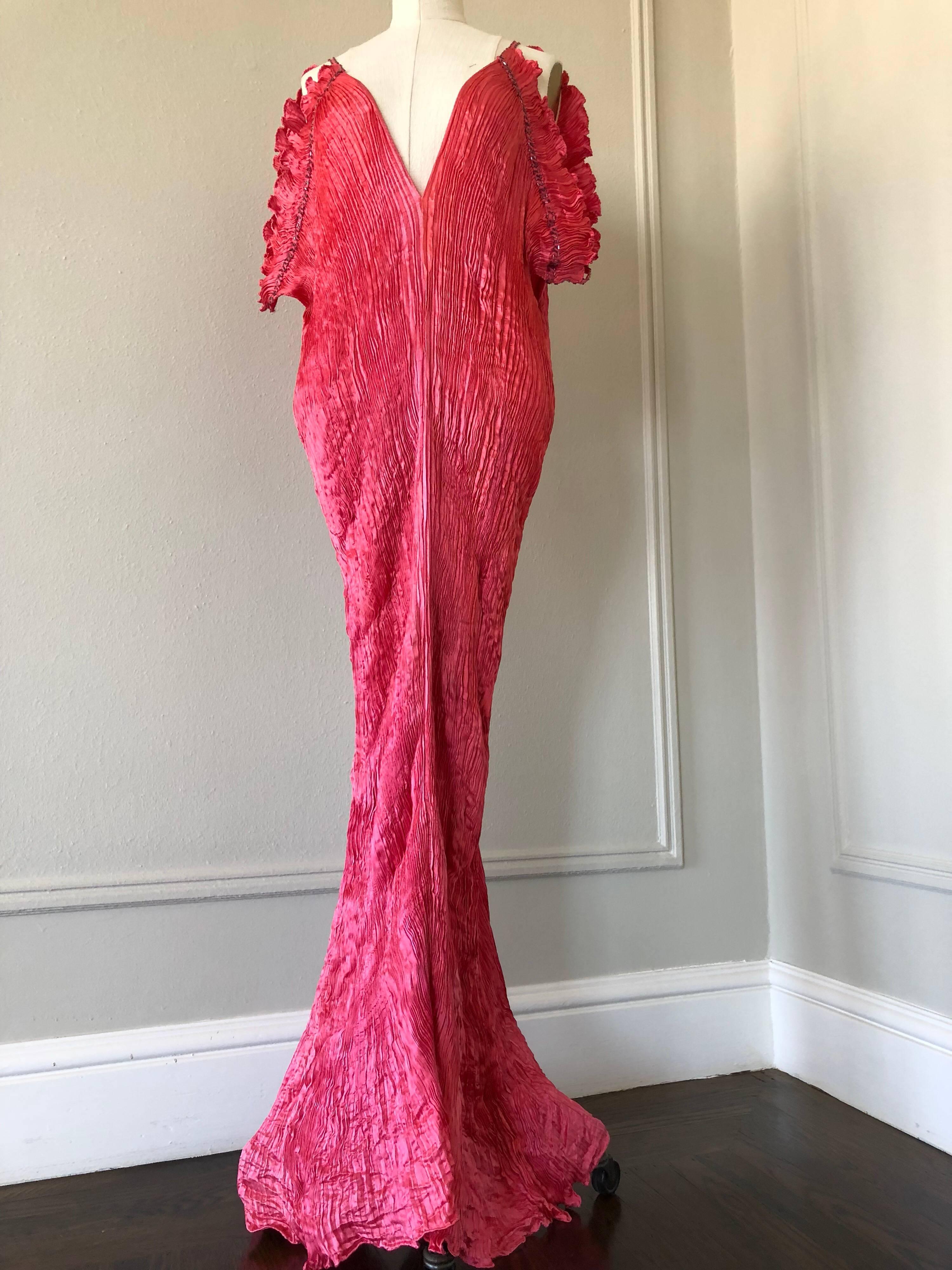 A 1980s silk pleated and hand-dyed Fortuny-style Delphos gown by Patricia Lester features her signature fabric technique style and design. The fluidity of her designs are simple and and very different from any other designer's work. Open shoulders