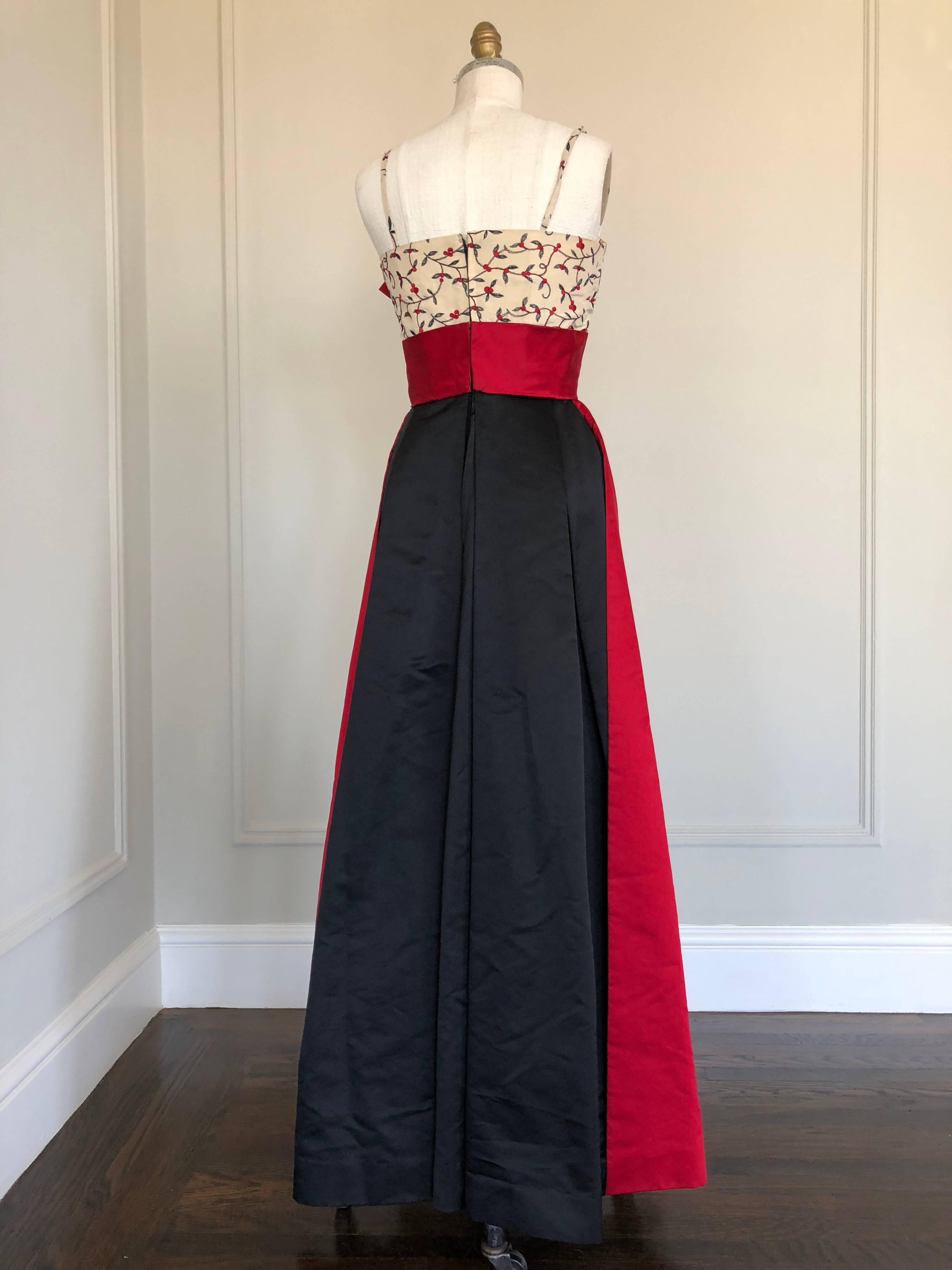 Women's or Men's 1950s Oleg Cassini Tri Colored Silk Taffeta Evening Gown W/ Red Sash Bodice