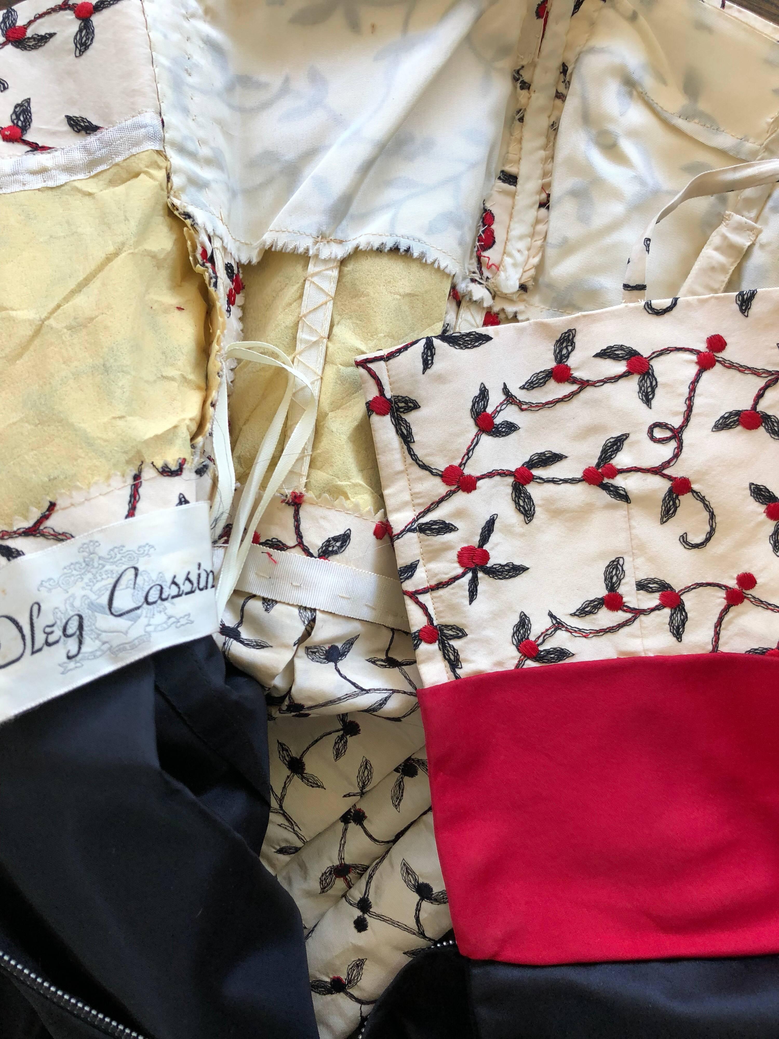 1950s Oleg Cassini Tri Colored Silk Taffeta Evening Gown W/ Red Sash Bodice 2
