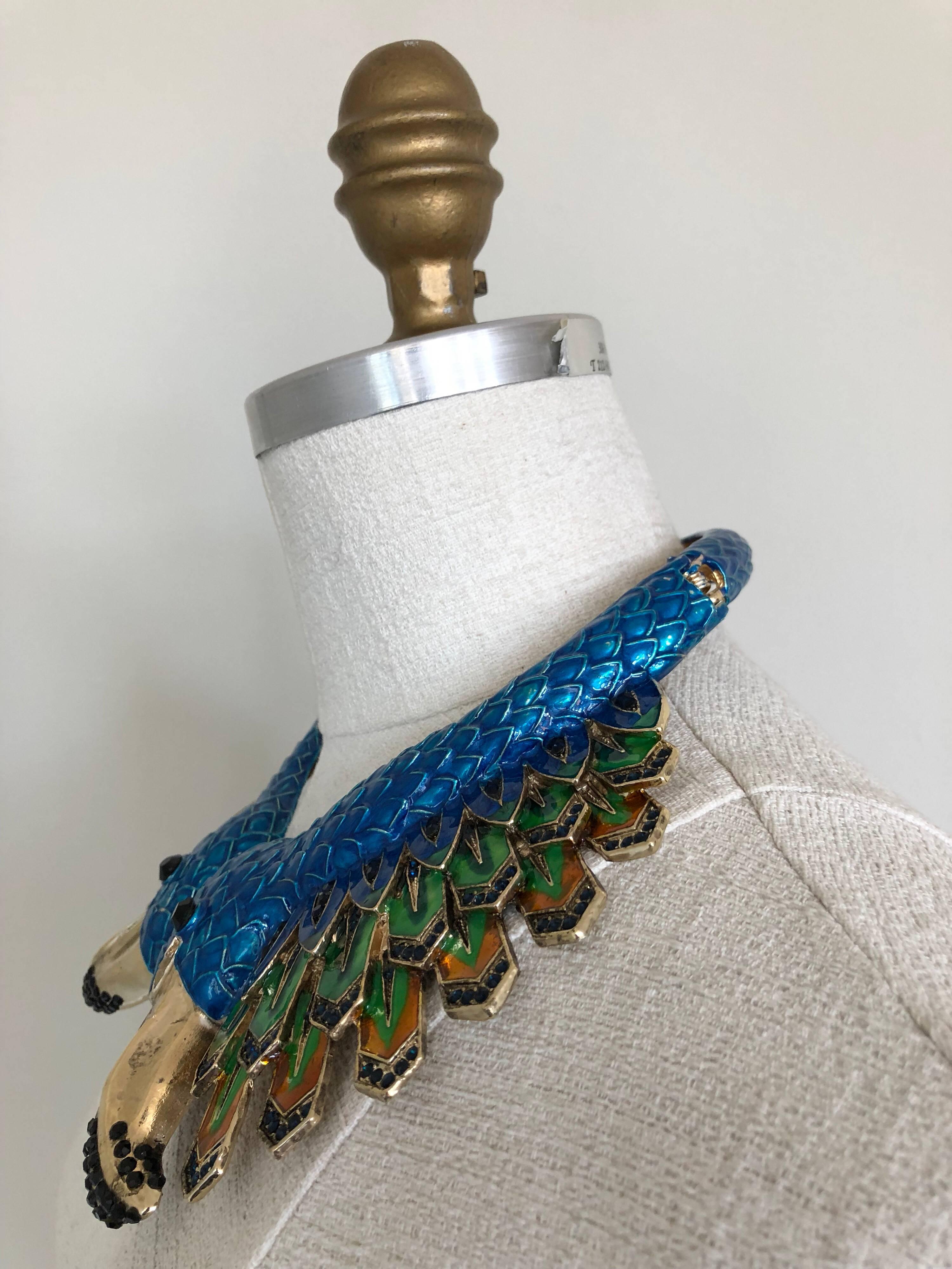 Art Deco 1980s Azure Blue & Gold Deco Enameled Exotic Bird Collar Necklace