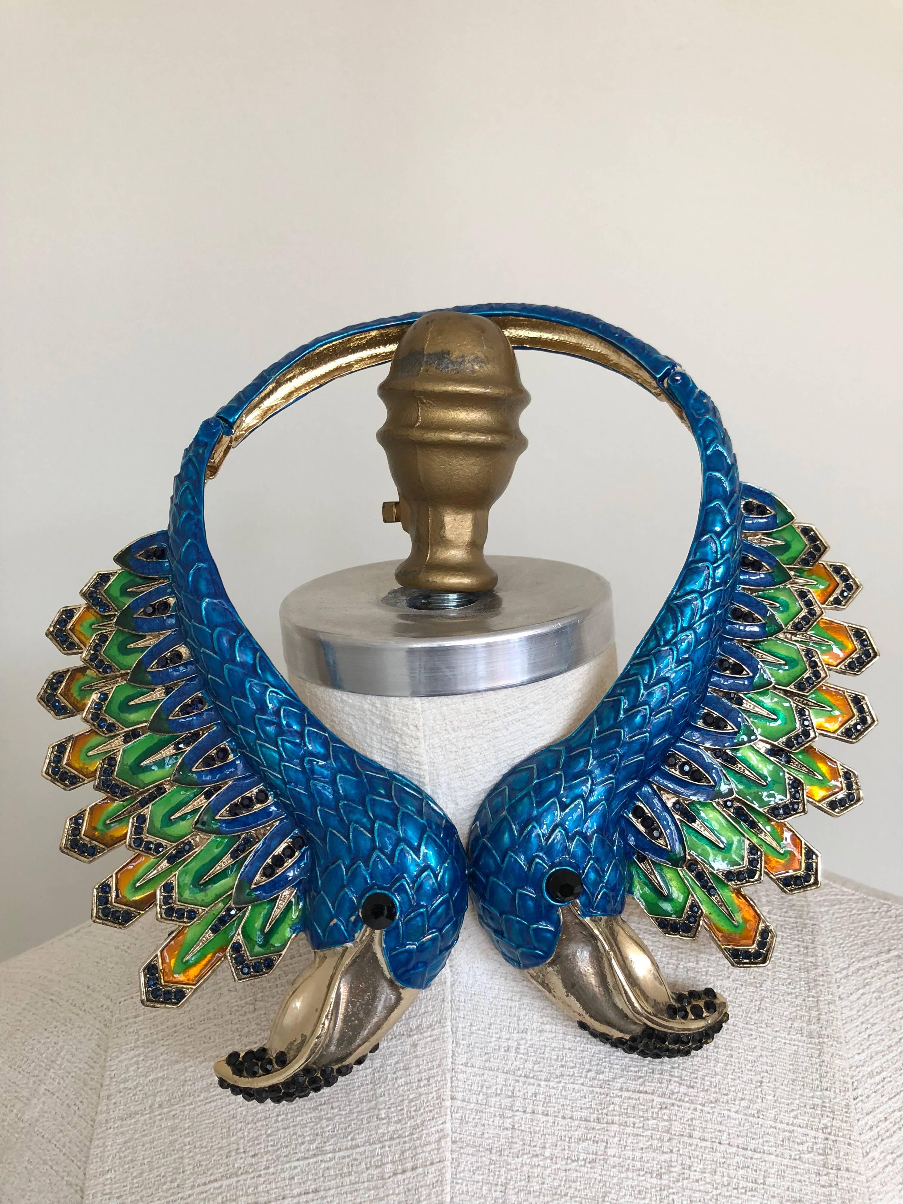 Women's or Men's 1980s Azure Blue & Gold Deco Enameled Exotic Bird Collar Necklace