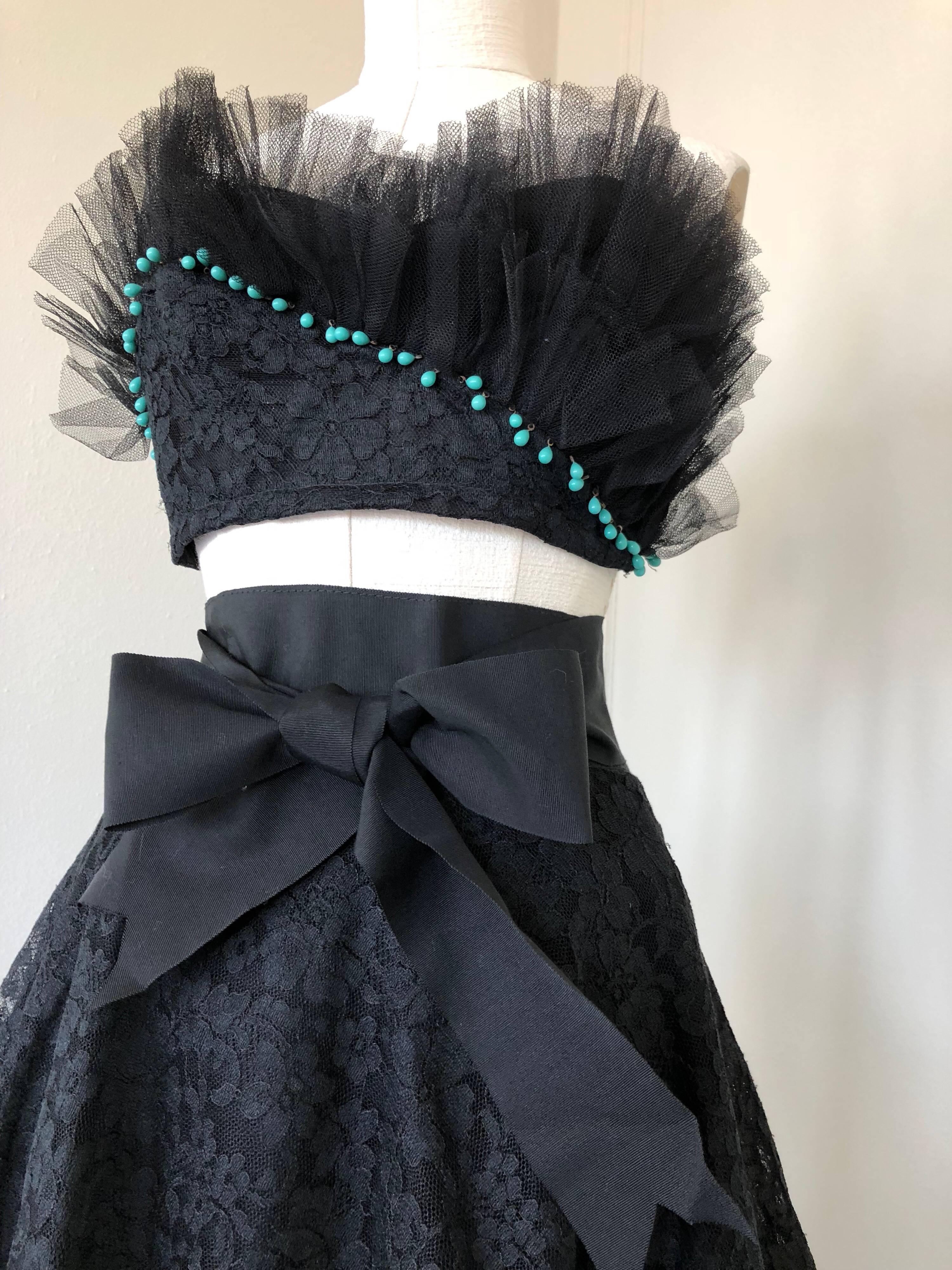 Women's or Men's 1950s Black Lace & Tulle Skirt Ensemble W/ Colorful Silk Flower Applique For Sale