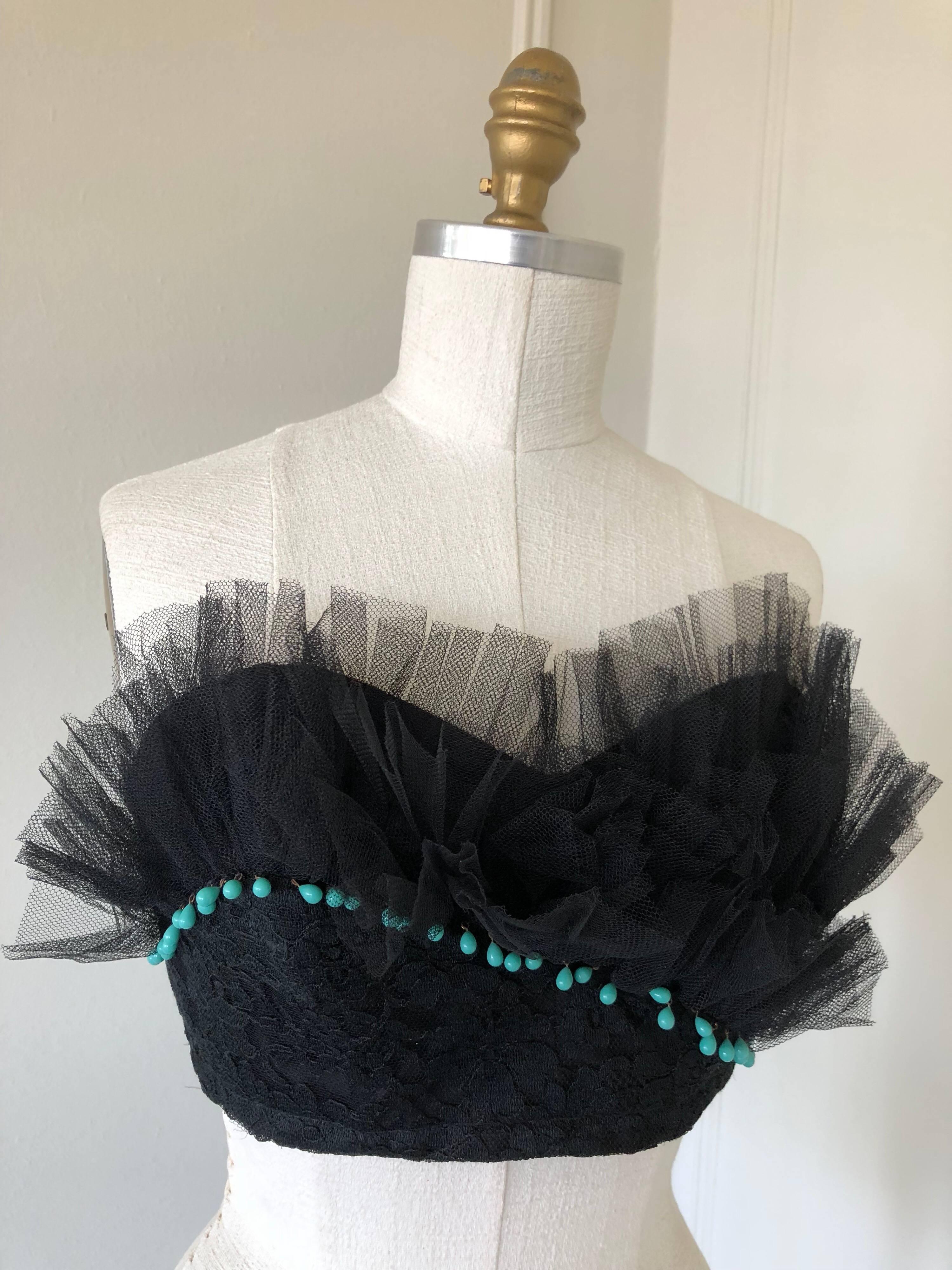 1950s Black Lace & Tulle Skirt Ensemble W/ Colorful Silk Flower Applique  For Sale 5