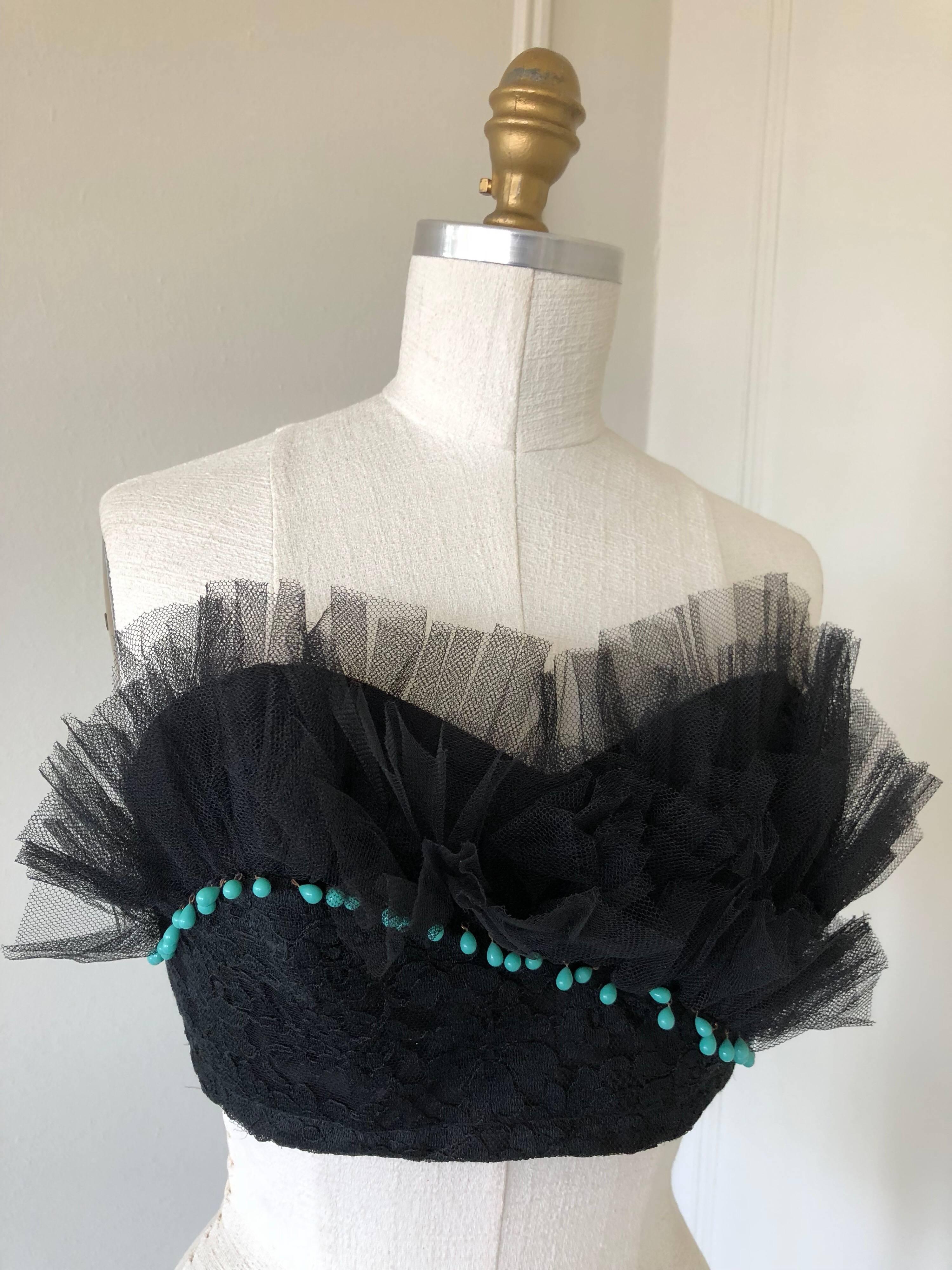 1950s Black Lace & Tulle Skirt Ensemble W/ Colorful Silk Flower Applique For Sale 5