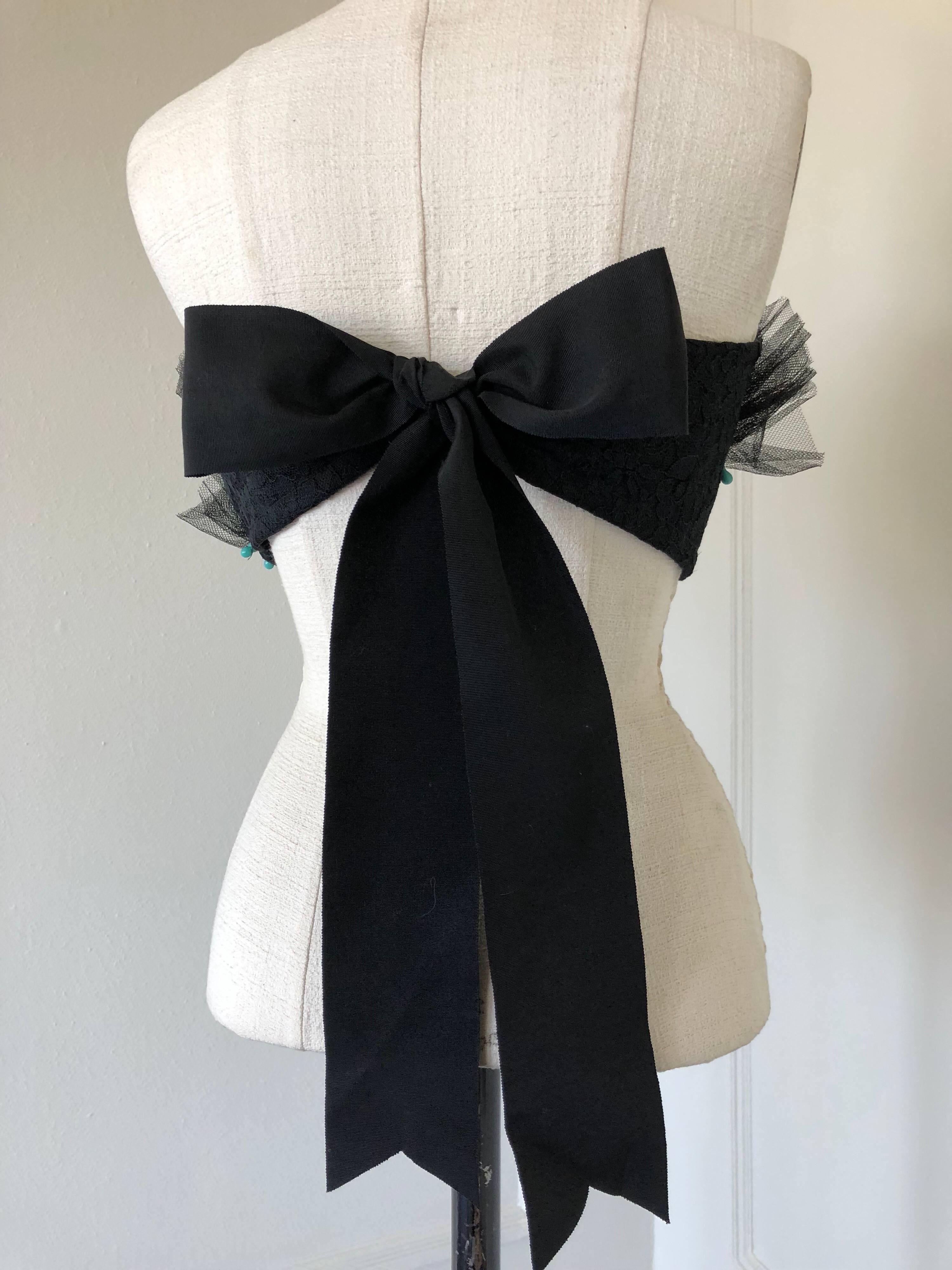 1950s Black Lace & Tulle Skirt Ensemble W/ Colorful Silk Flower Applique  For Sale 6