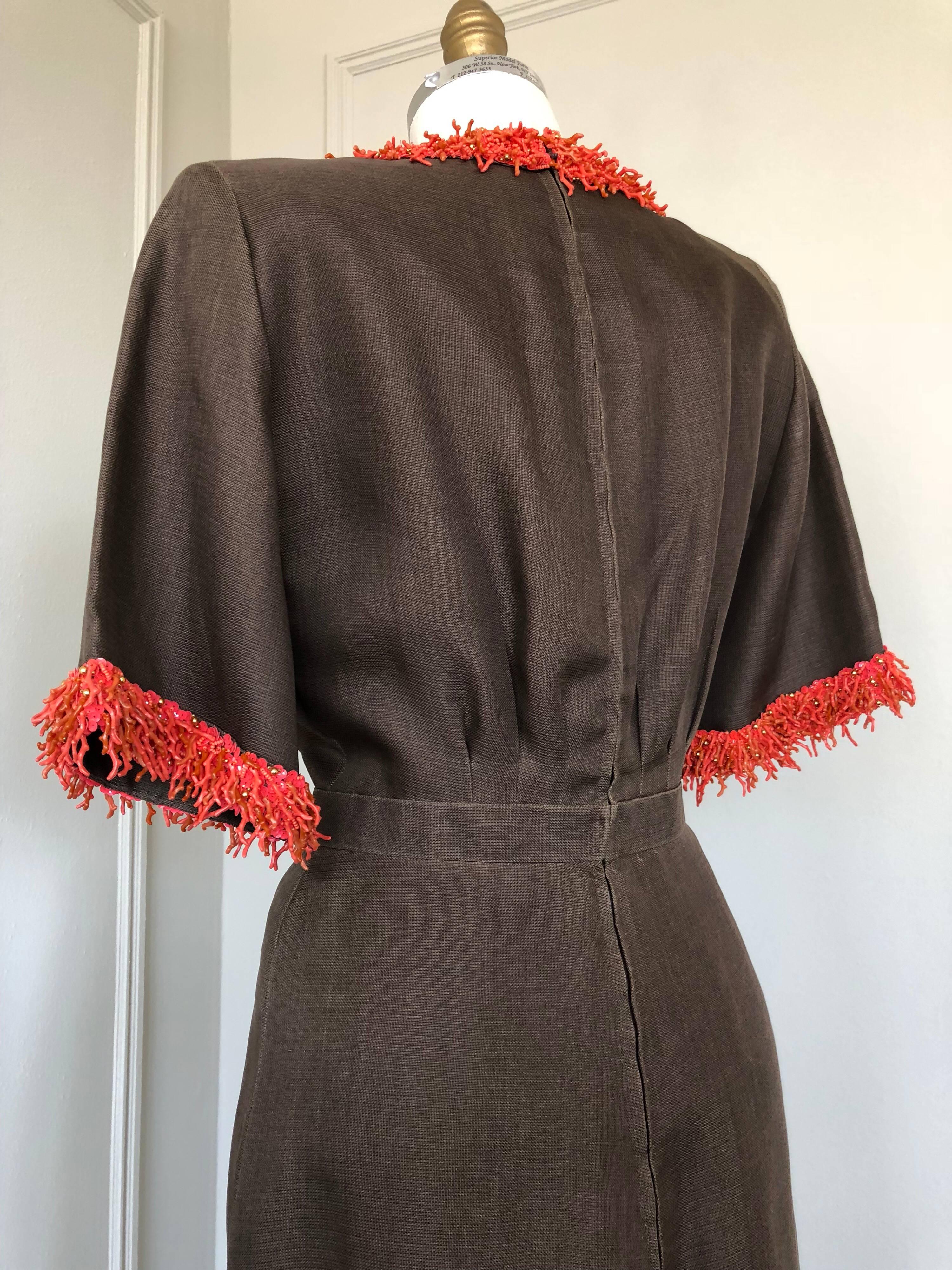 Black 1980s Nina Ricci Couture Chocolate Silk Gazar Summer Gown W/ Branch Coral Trim For Sale