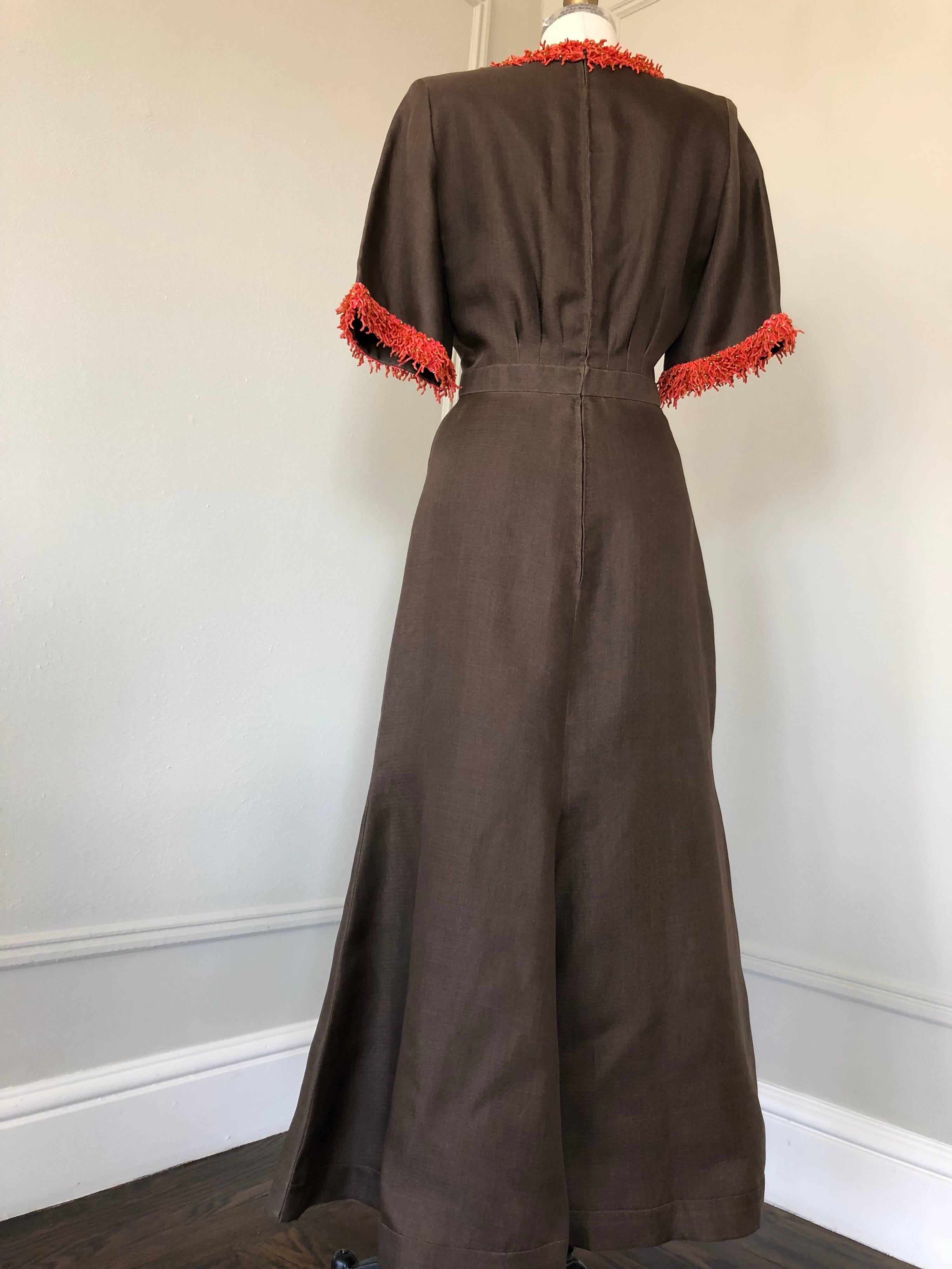 1980s Nina Ricci Couture Chocolate Silk Gazar Summer Gown W/ Branch Coral Trim In Excellent Condition For Sale In Gresham, OR