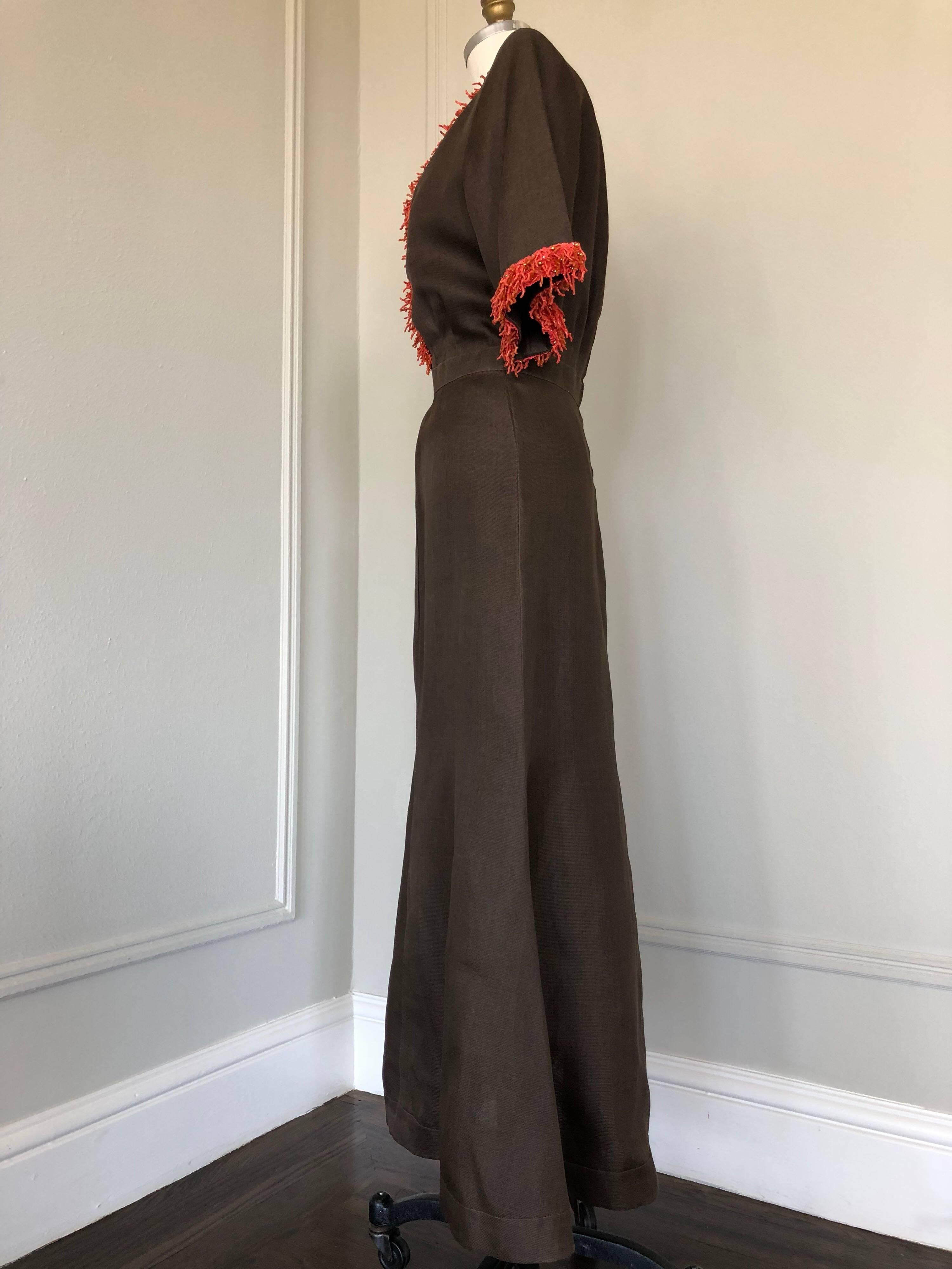 Women's 1980s Nina Ricci Couture Chocolate Silk Gazar Summer Gown W/ Branch Coral Trim For Sale