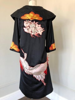 1950s Black Silk Satin Evening Coat W/ Japanese Crane Appliqué