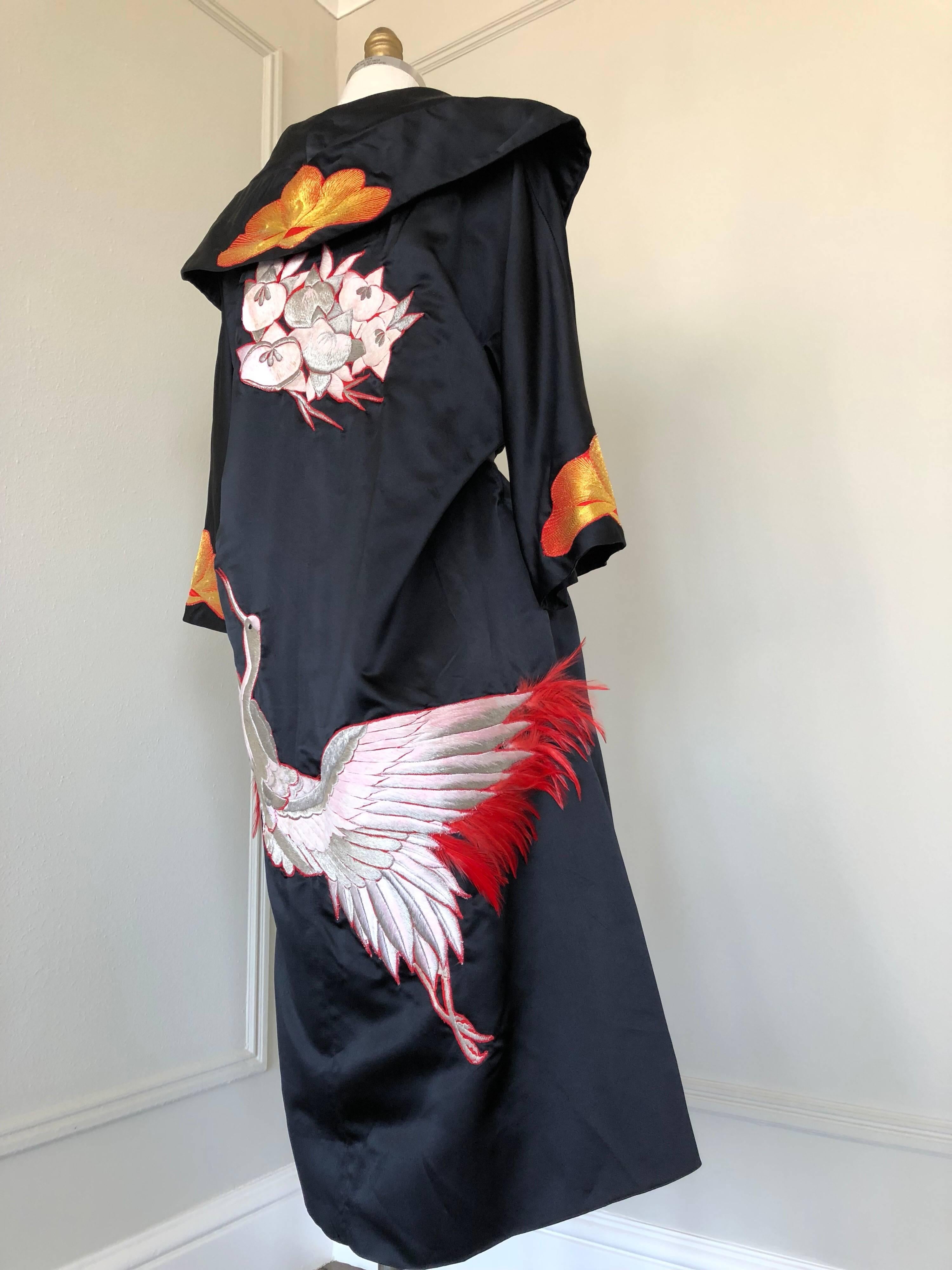 Women's 1950s Black Silk Satin Evening Coat W/ Japanese Crane Appliqué 