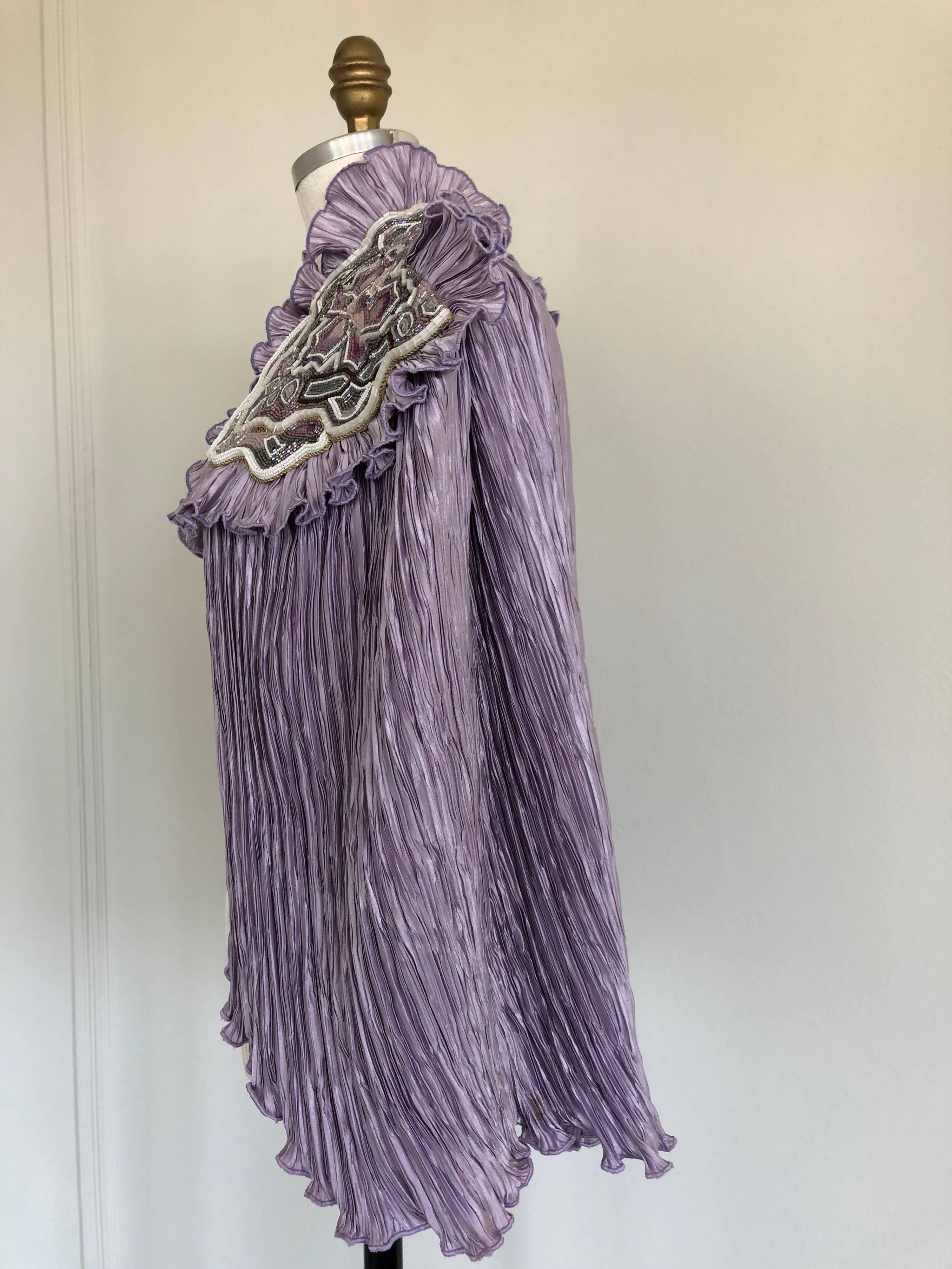 Gray 1970s Lavender Pleated Fortuny-Style Silk Capelet With Beaded Shoulder Epaulets