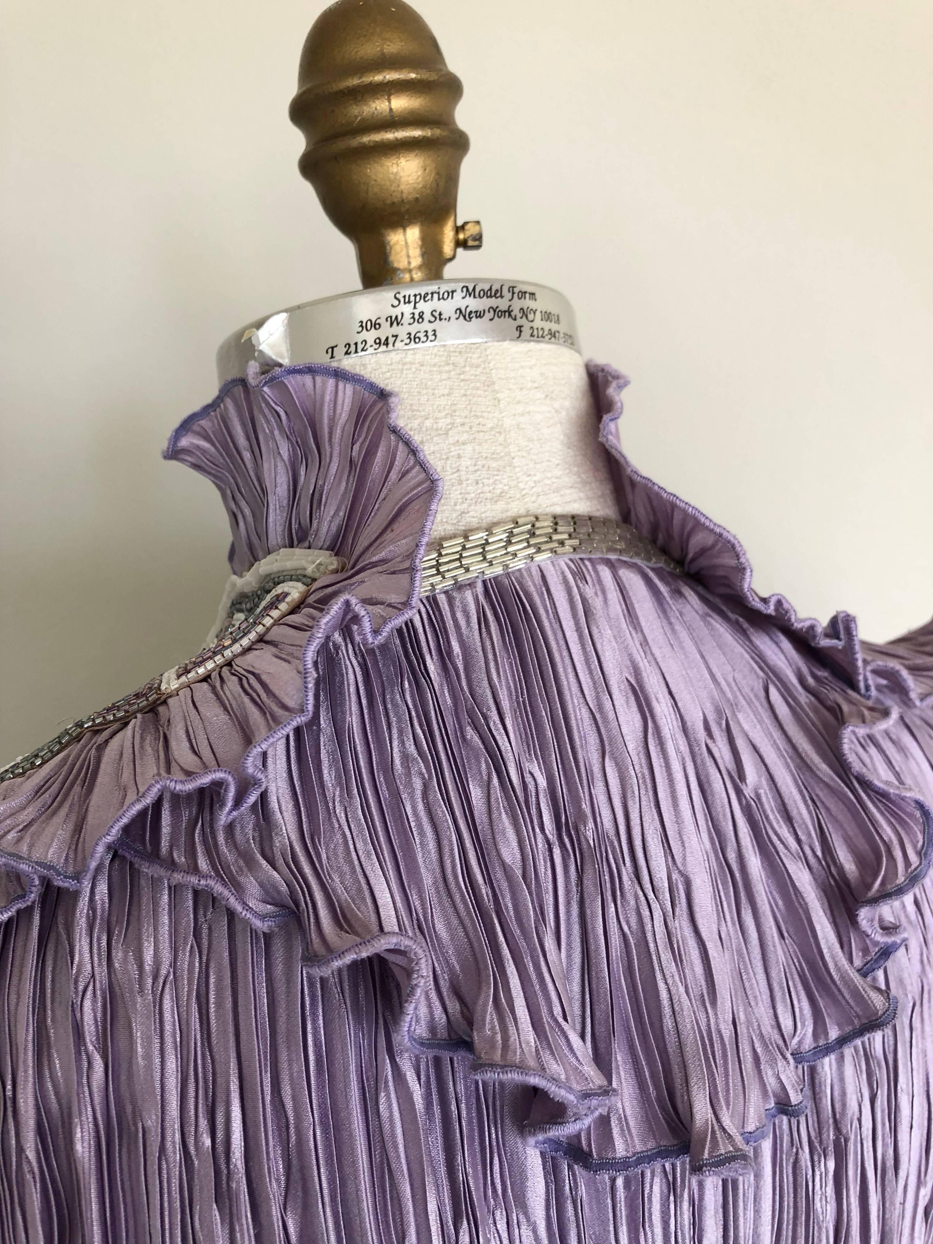 Women's 1970s Lavender Pleated Fortuny-Style Silk Capelet With Beaded Shoulder Epaulets