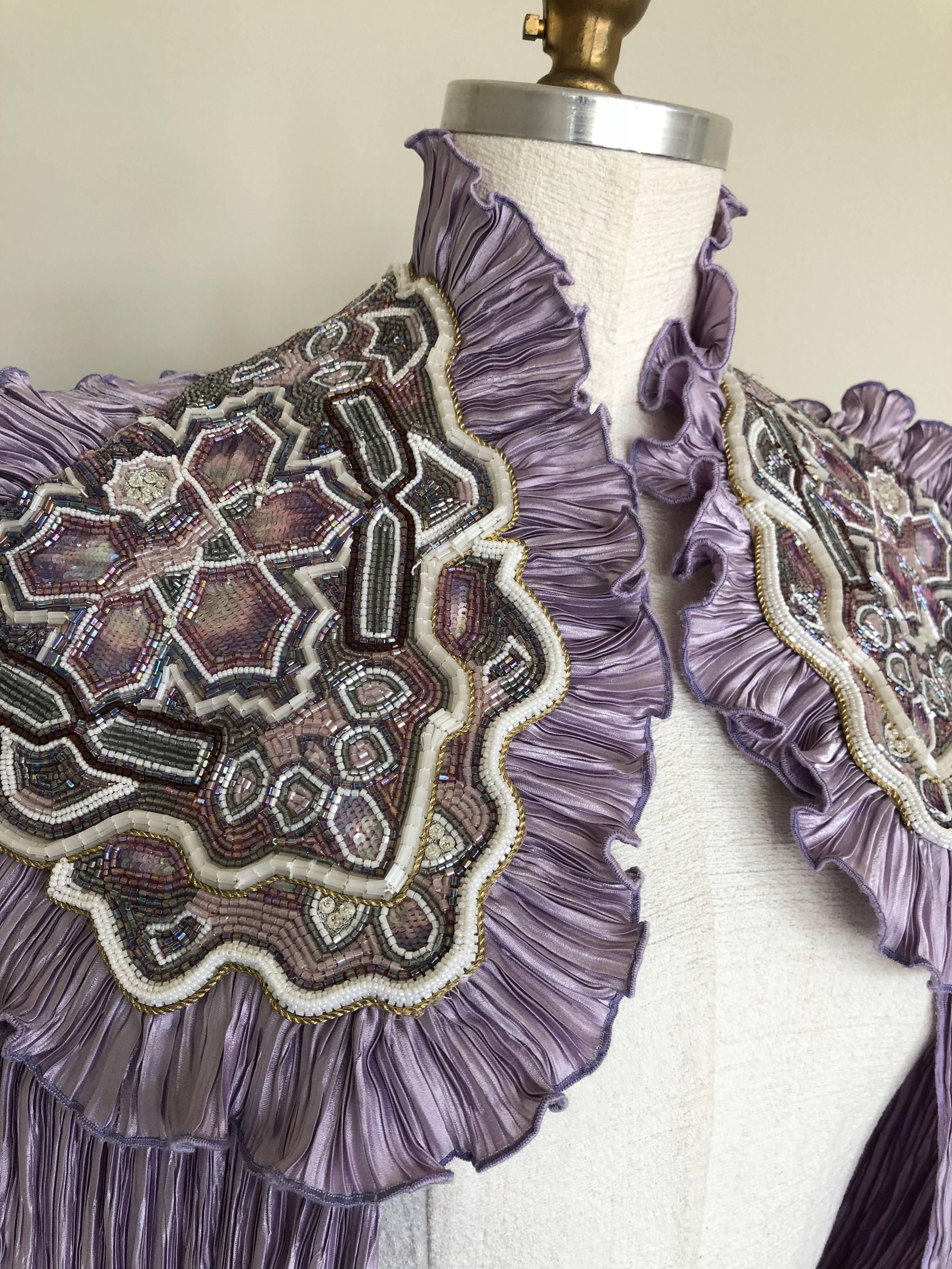 1970s Lavender Pleated Fortuny-Style Silk Capelet With Beaded Shoulder Epaulets 2