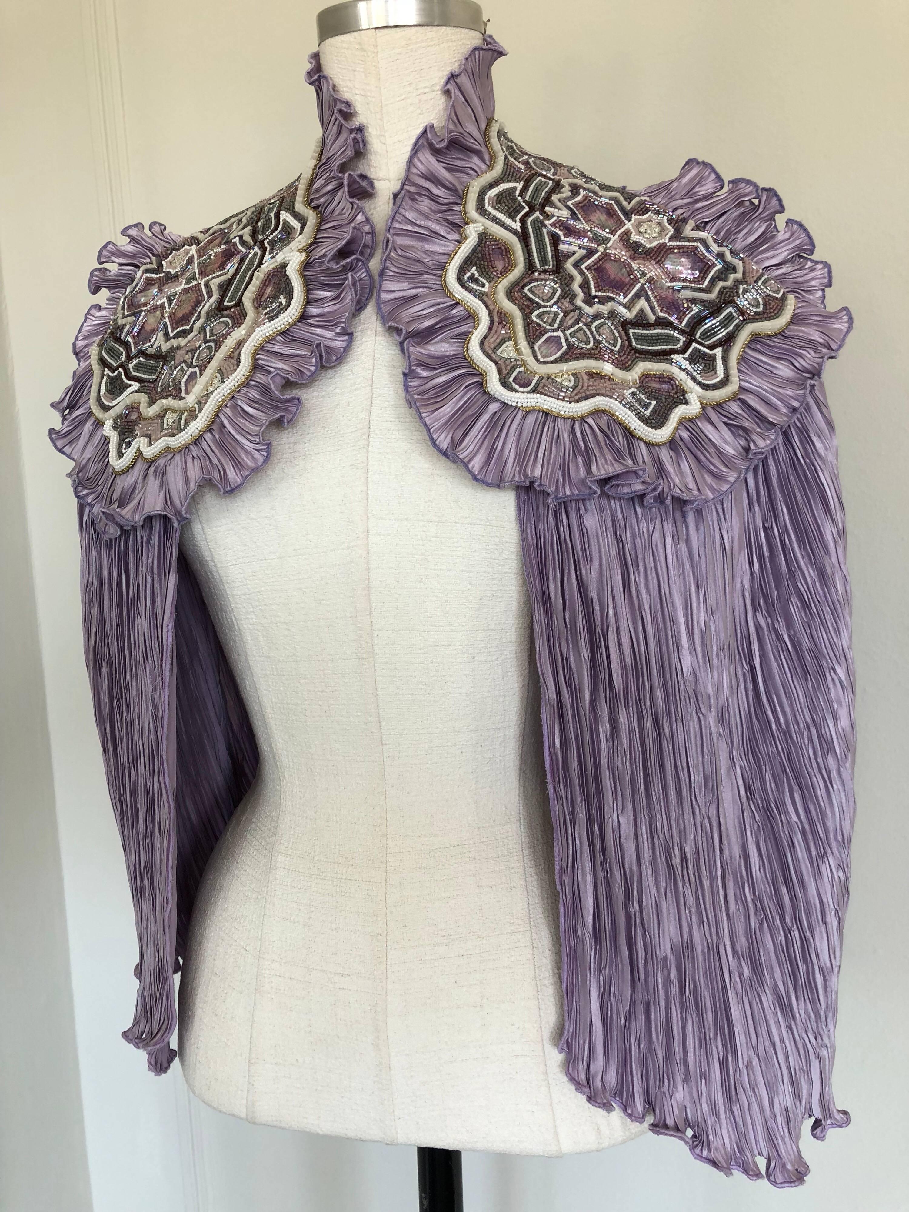 1970s Lavender Pleated Fortuny-Style Silk Capelet With Beaded Shoulder Epaulets 4
