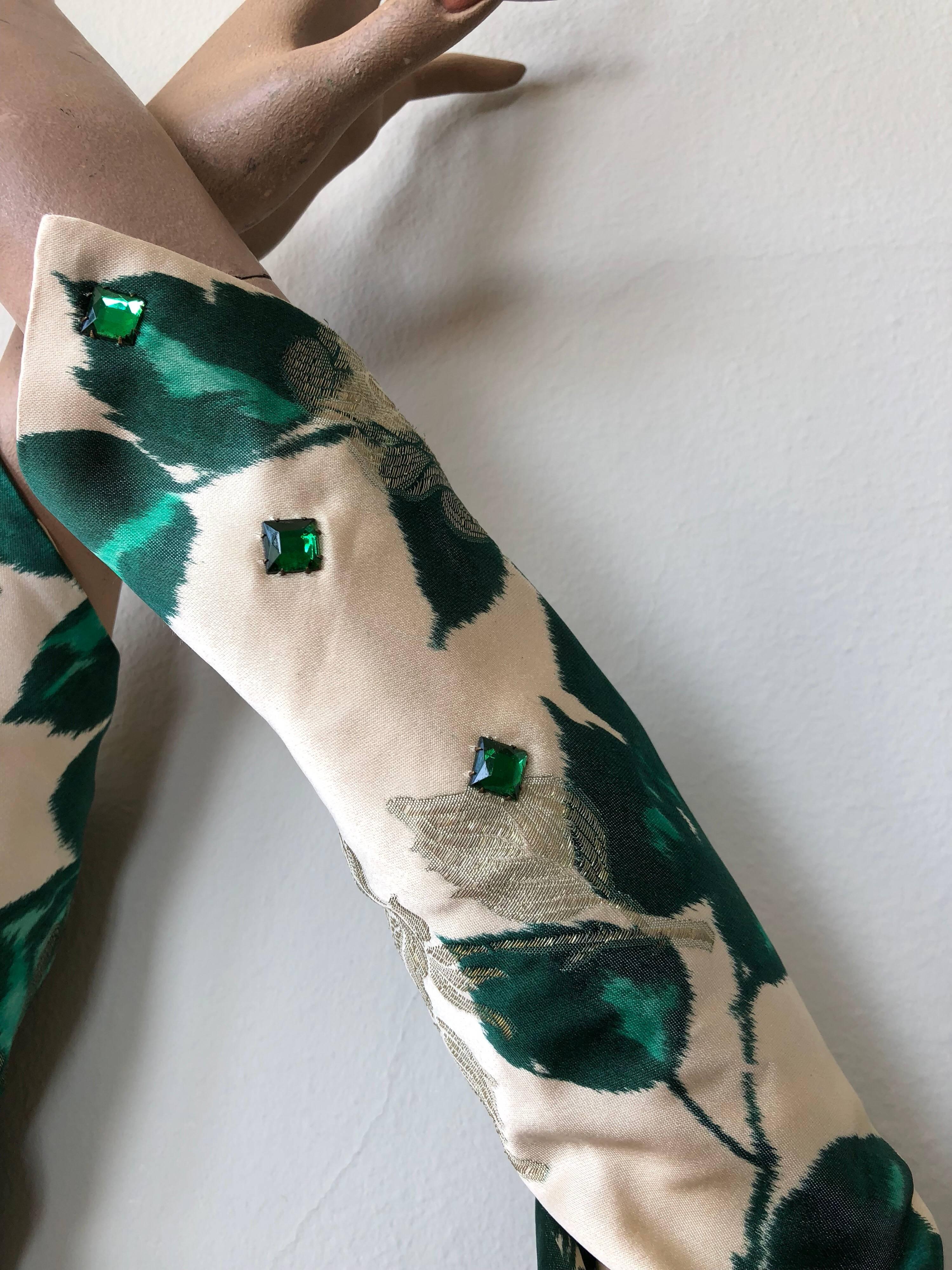 Beige 1950s Elegant Spring Floral Silk Brocade Gauntlets W/ Decorative Tie & Button