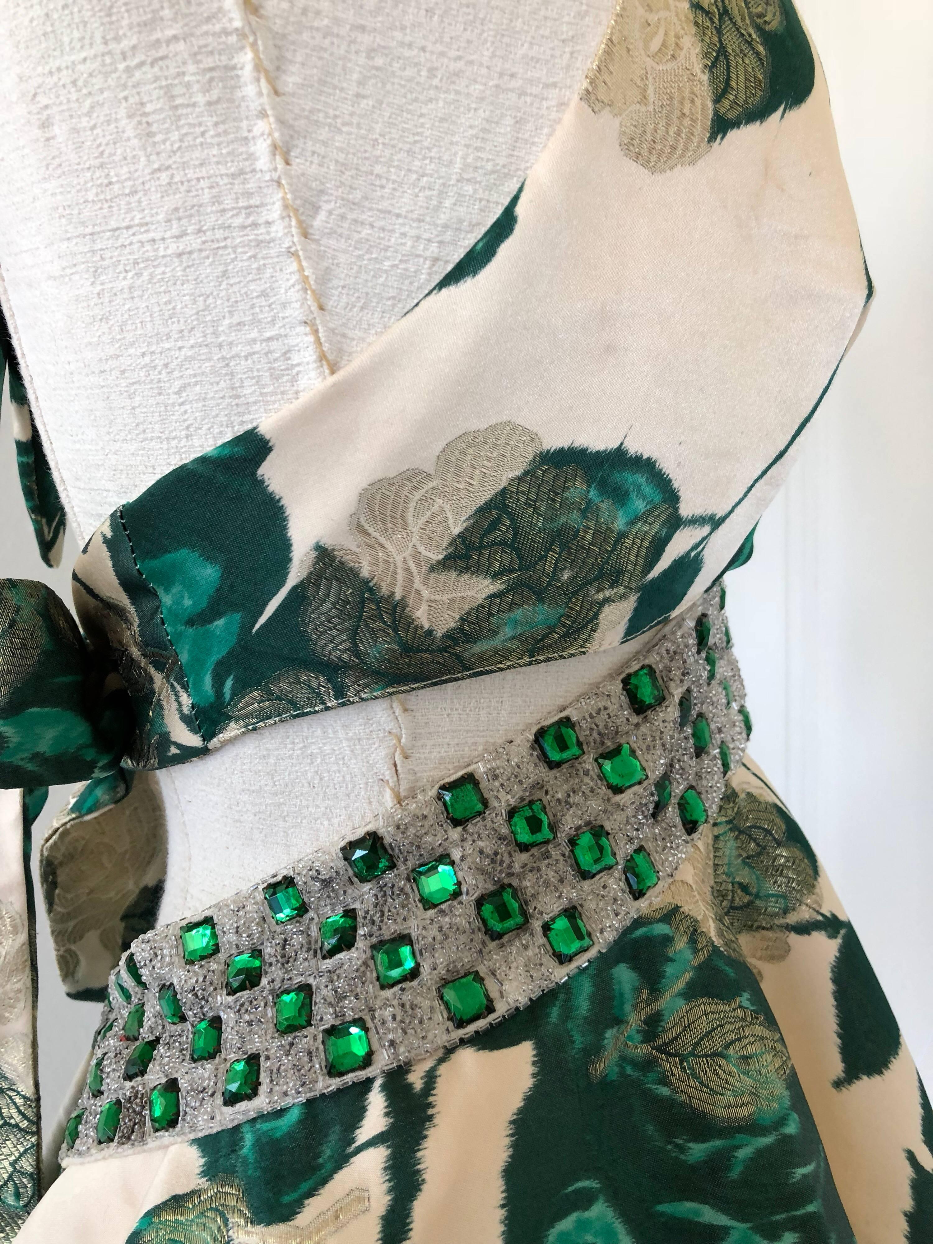 Gray 1950s Spring Emerald Water Color Floral Brocade Halter Top W/ Peplum & Back Tie