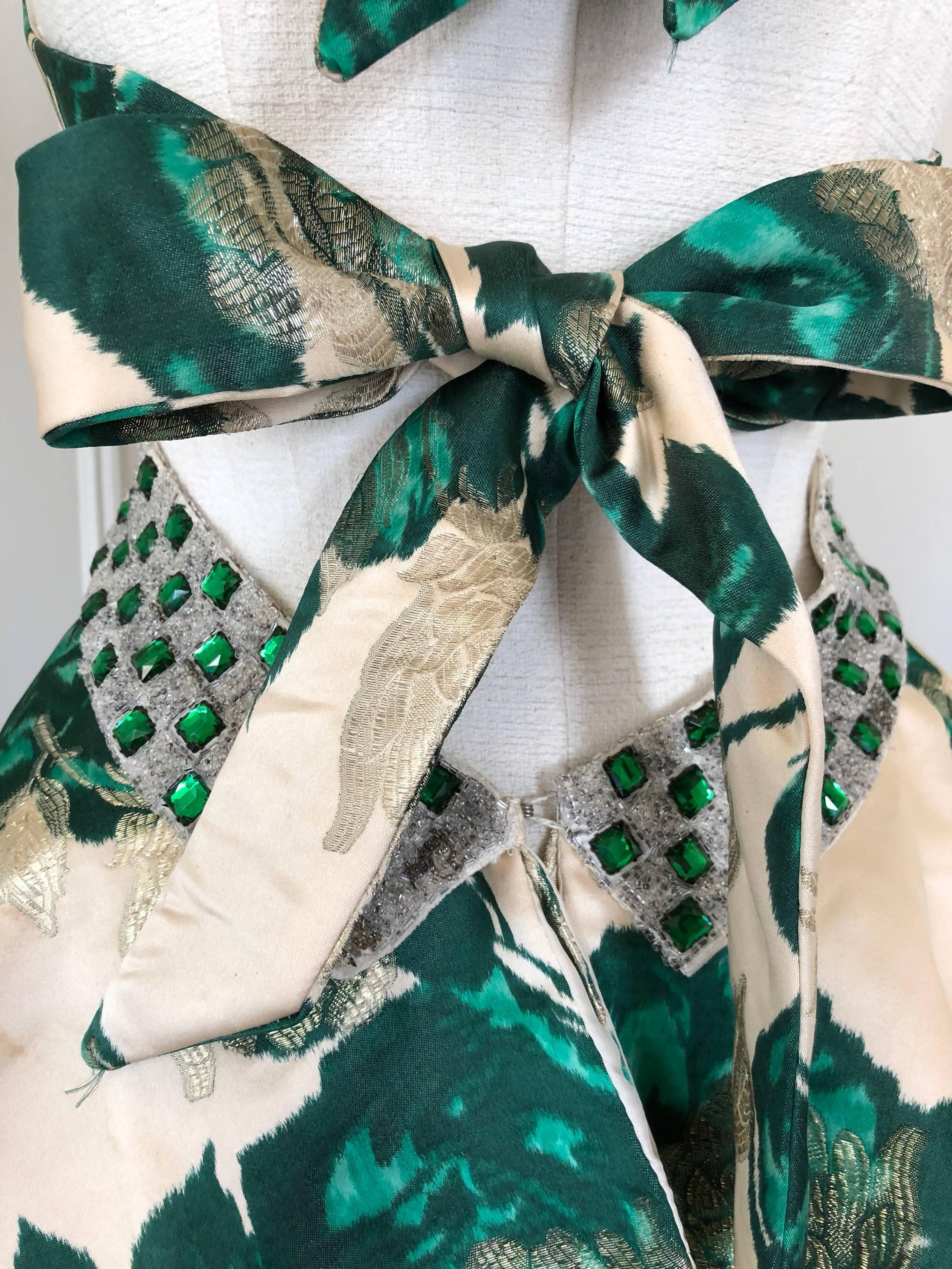 1950s Spring Emerald Water Color Floral Brocade Halter Top W/ Peplum & Back Tie 1