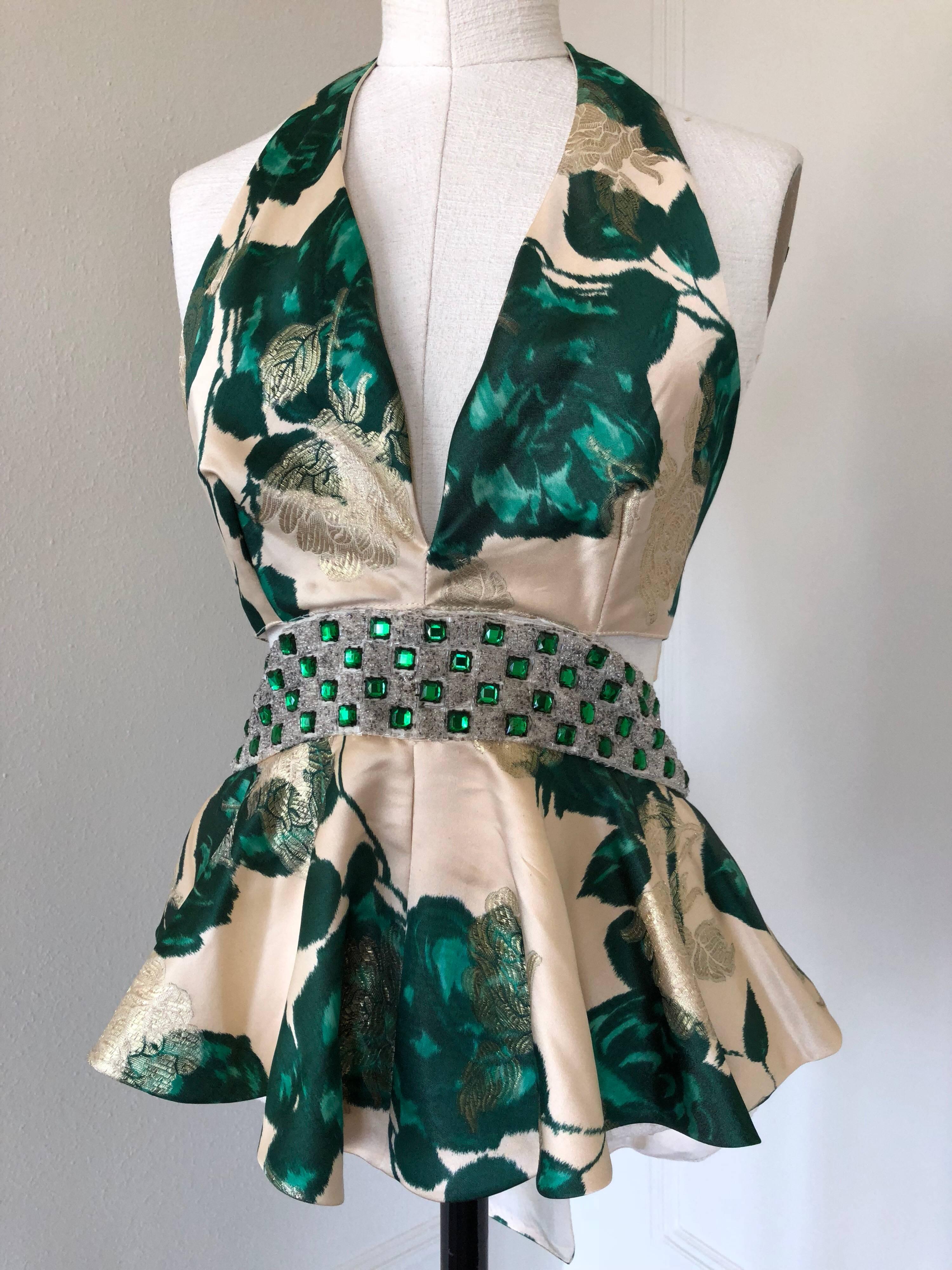 1950s Spring Emerald Water Color Floral Brocade Halter Top W/ Peplum & Back Tie 2