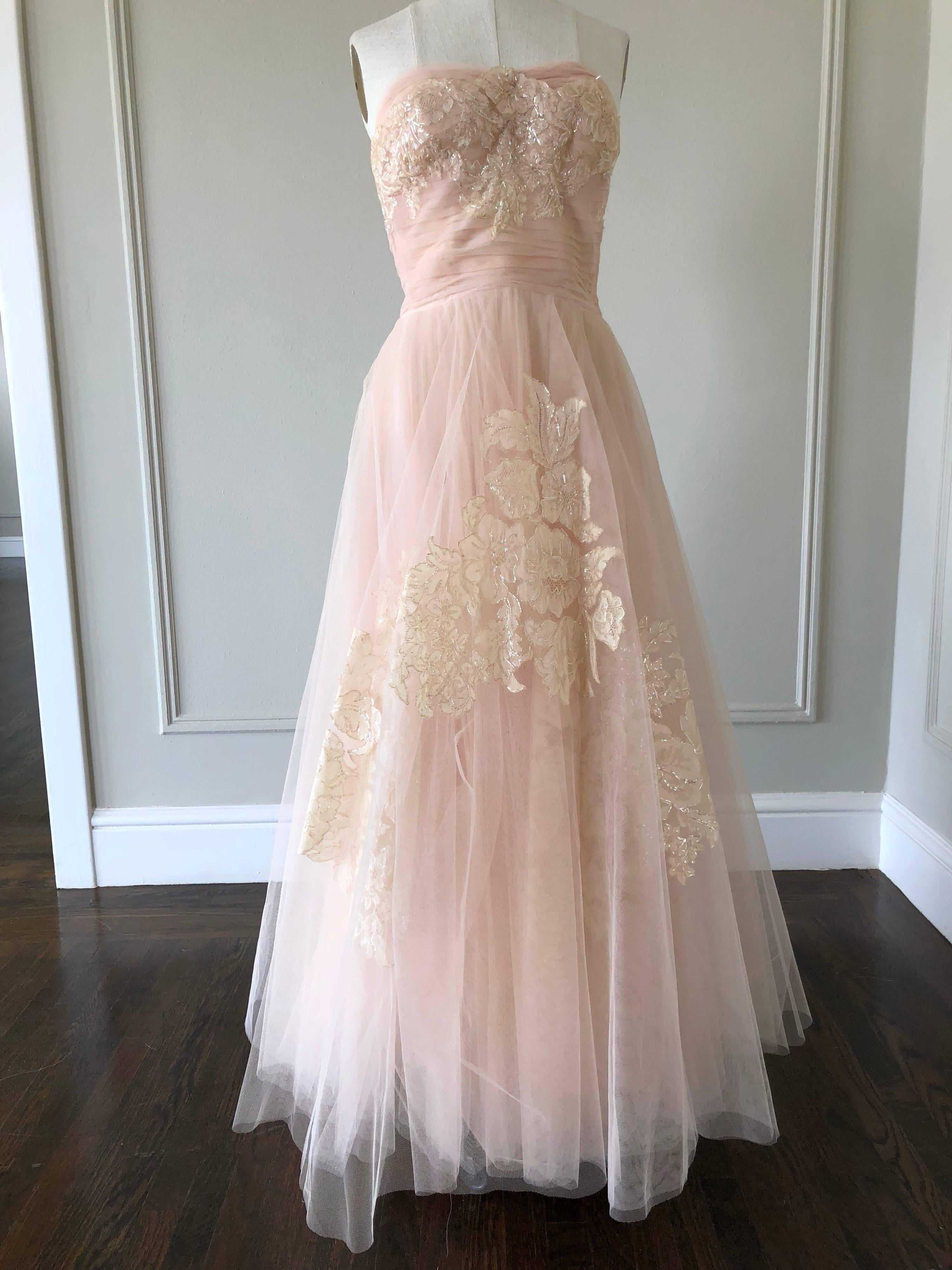Women's 1950s Pink Champagne Tulle Party Dress W/ Lace & Sequin Bodice & Trim