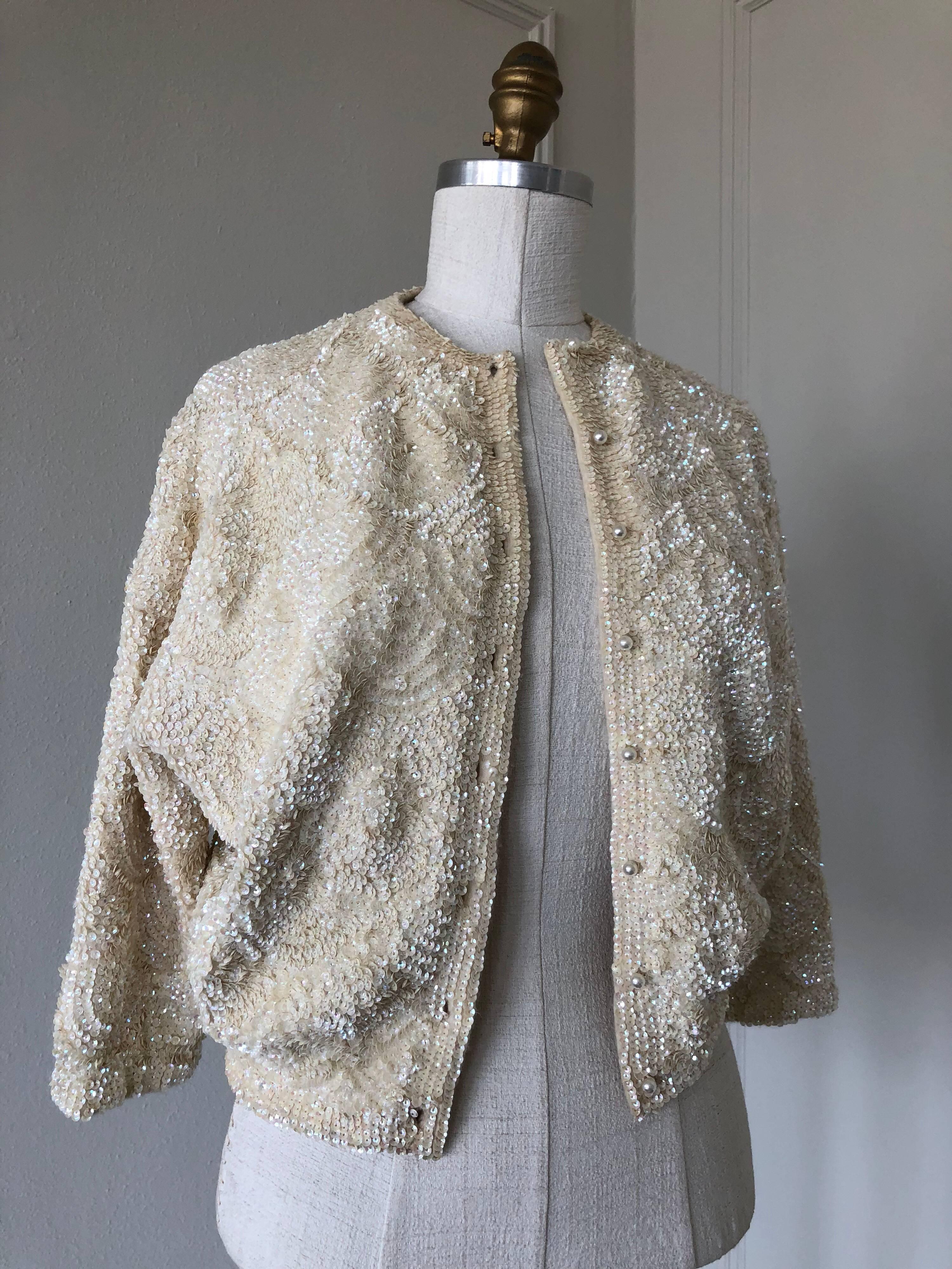 1960s Cream Angora Solid Sequin Pearl Button Cardigan In Excellent Condition In Gresham, OR
