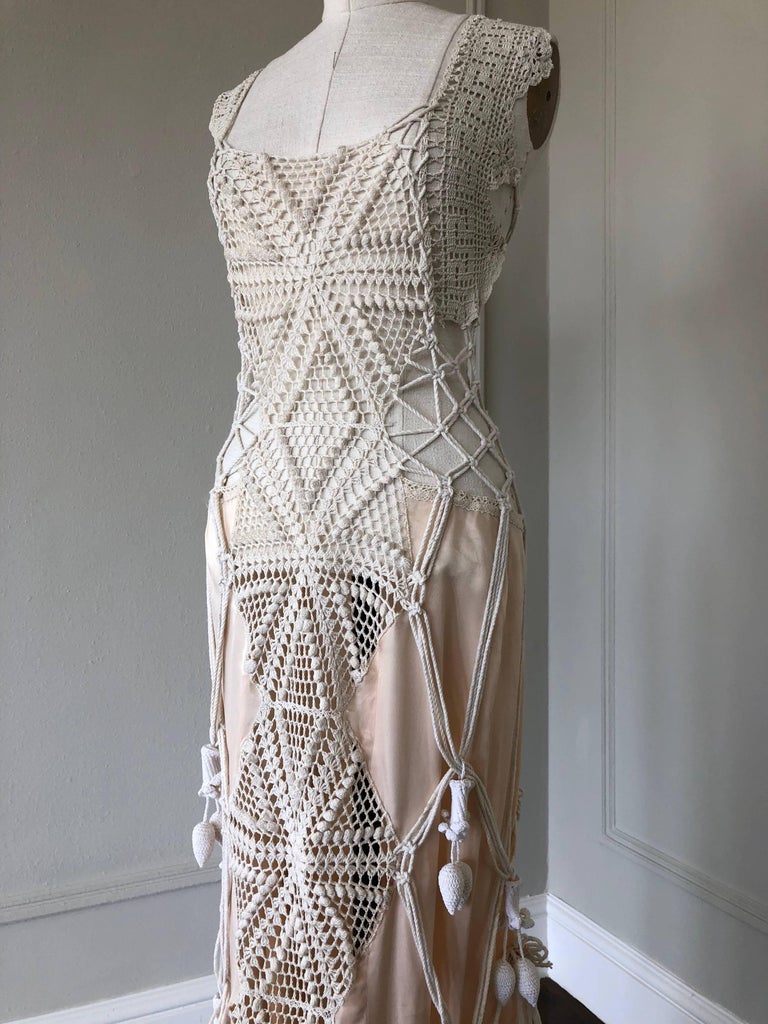 Artisanal Made Bell Epoch White Crochet and Macrame Maxi Dress W Rope