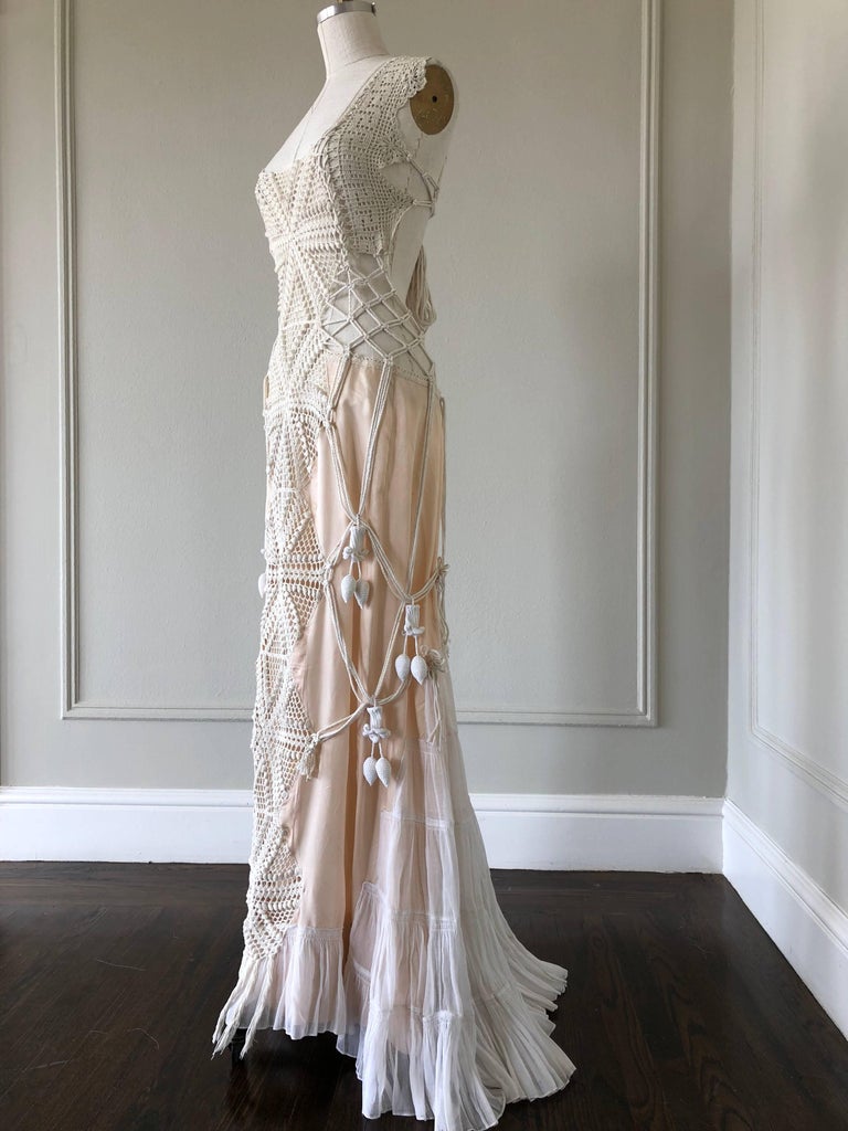 Artisanal Made Bell Epoch White Crochet and Macrame Maxi Dress W Rope