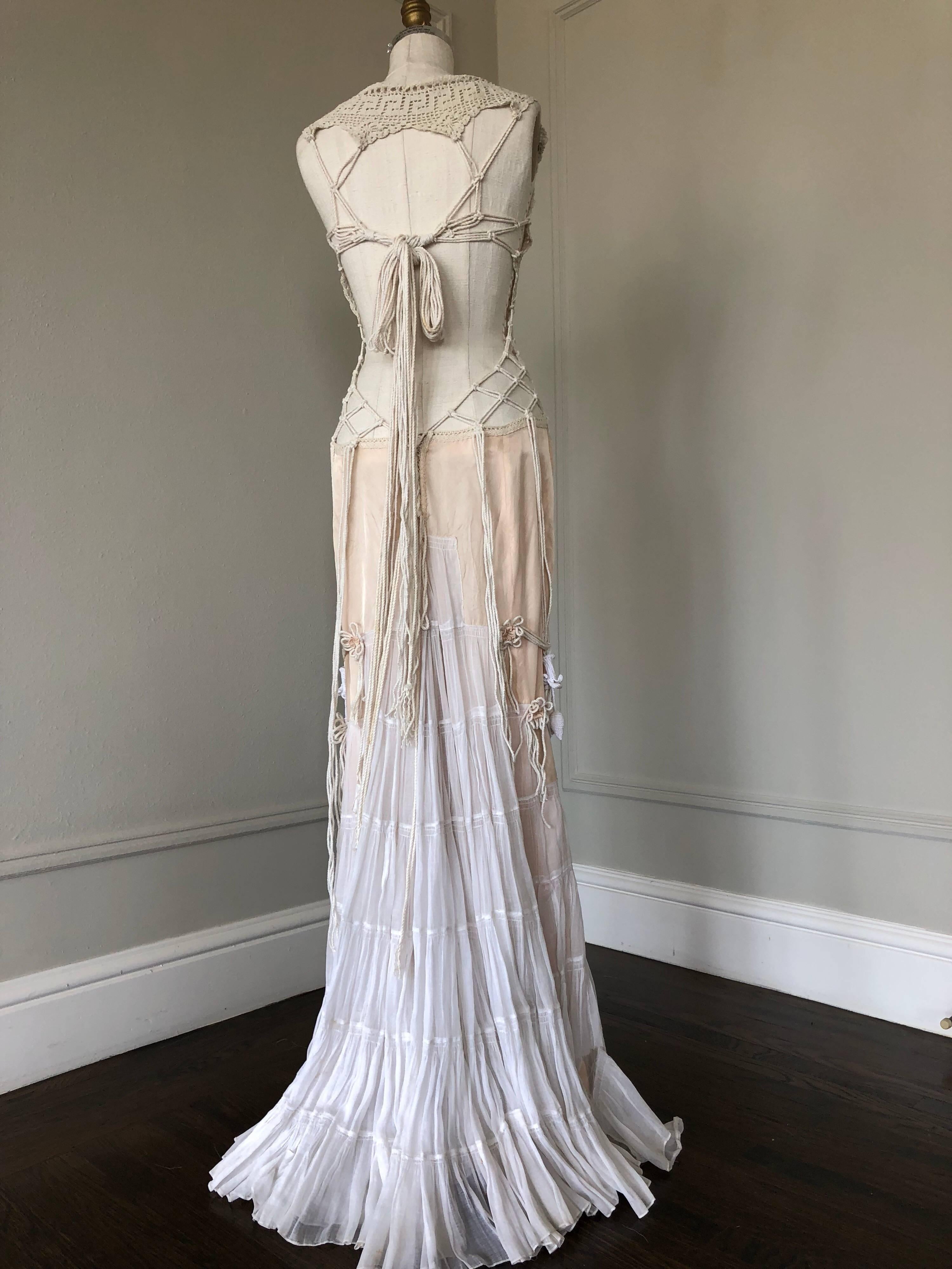 Artisanal -Made Bell Epoch White Crochet & Macrame Maxi Dress W Rope Tie Back In Excellent Condition In Gresham, OR