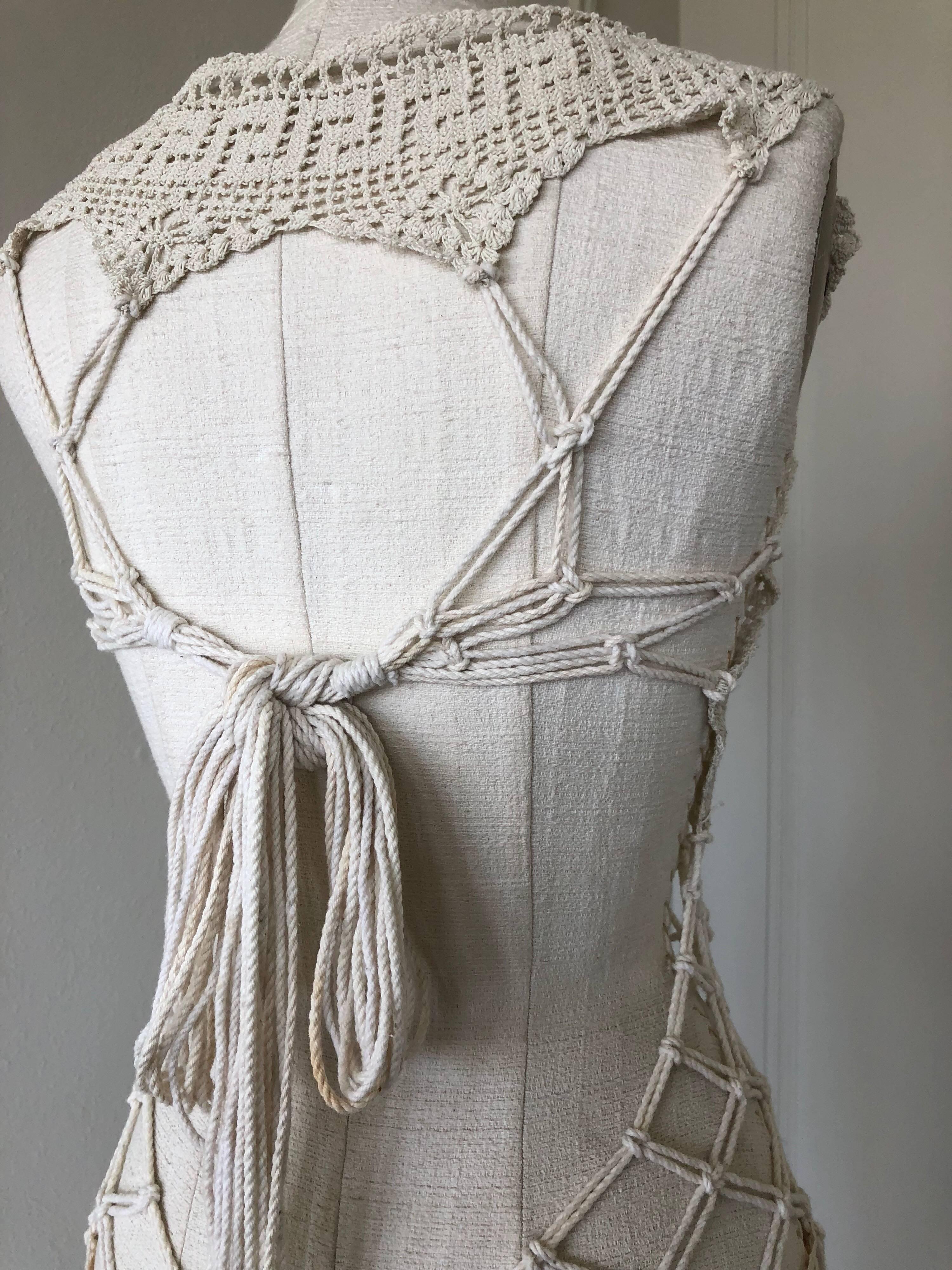Artisanal -Made Bell Epoch White Crochet & Macrame Maxi Dress W Rope Tie Back 1