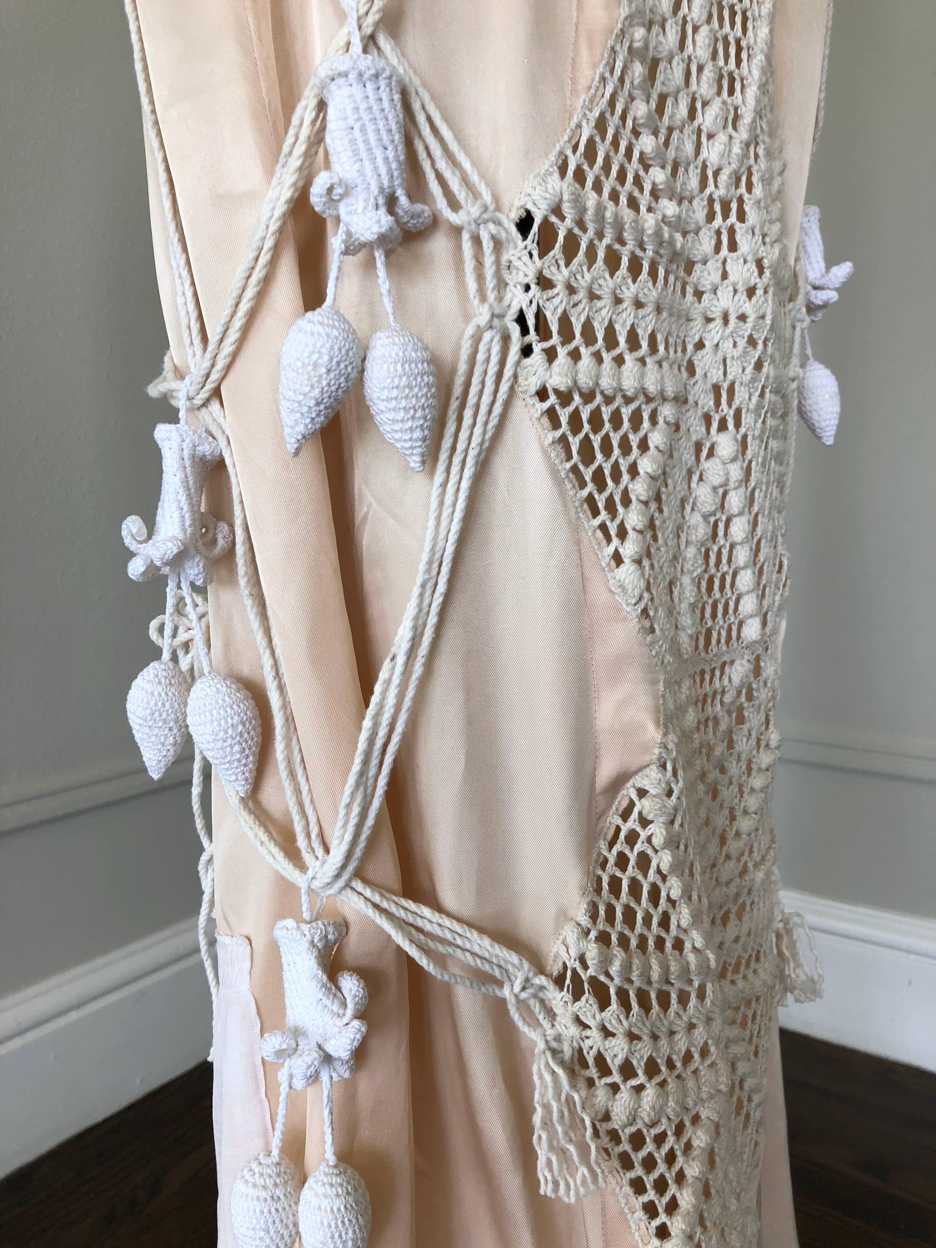 Artisanal -Made Bell Epoch White Crochet & Macrame Maxi Dress W Rope Tie Back 2