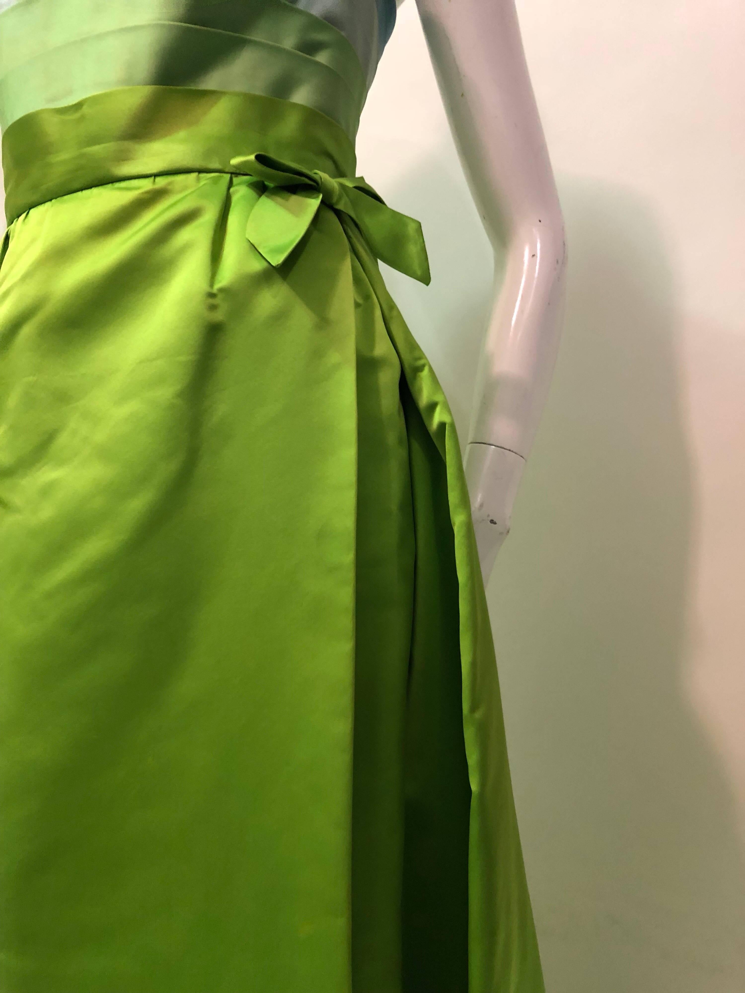 Green Philip Hulitar Satin Gown with Aqua Turquoise Chartreuse Pleated Bodice, 1950s 