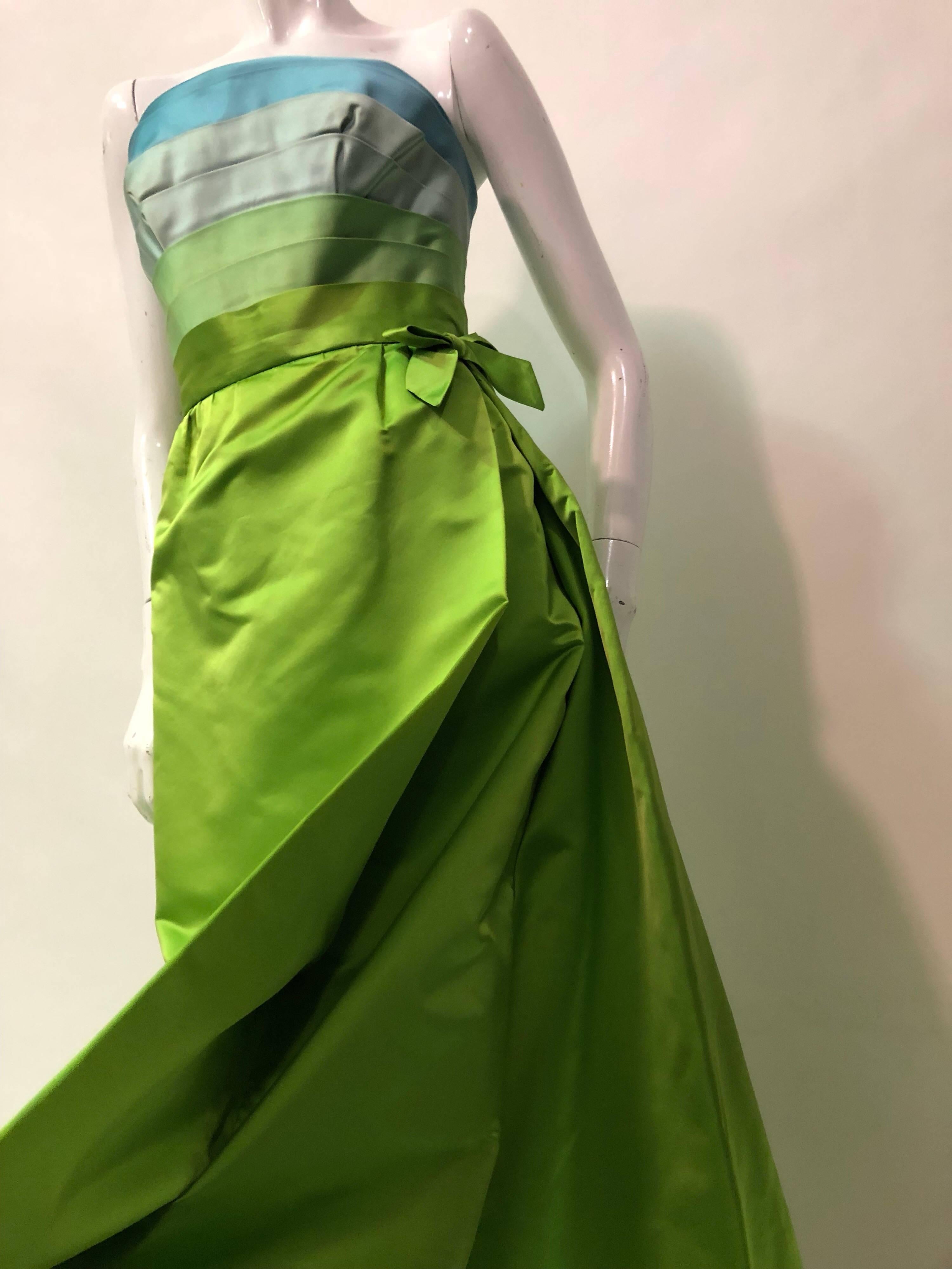 Philip Hulitar Satin Gown with Aqua Turquoise Chartreuse Pleated Bodice, 1950s  In Excellent Condition In Gresham, OR