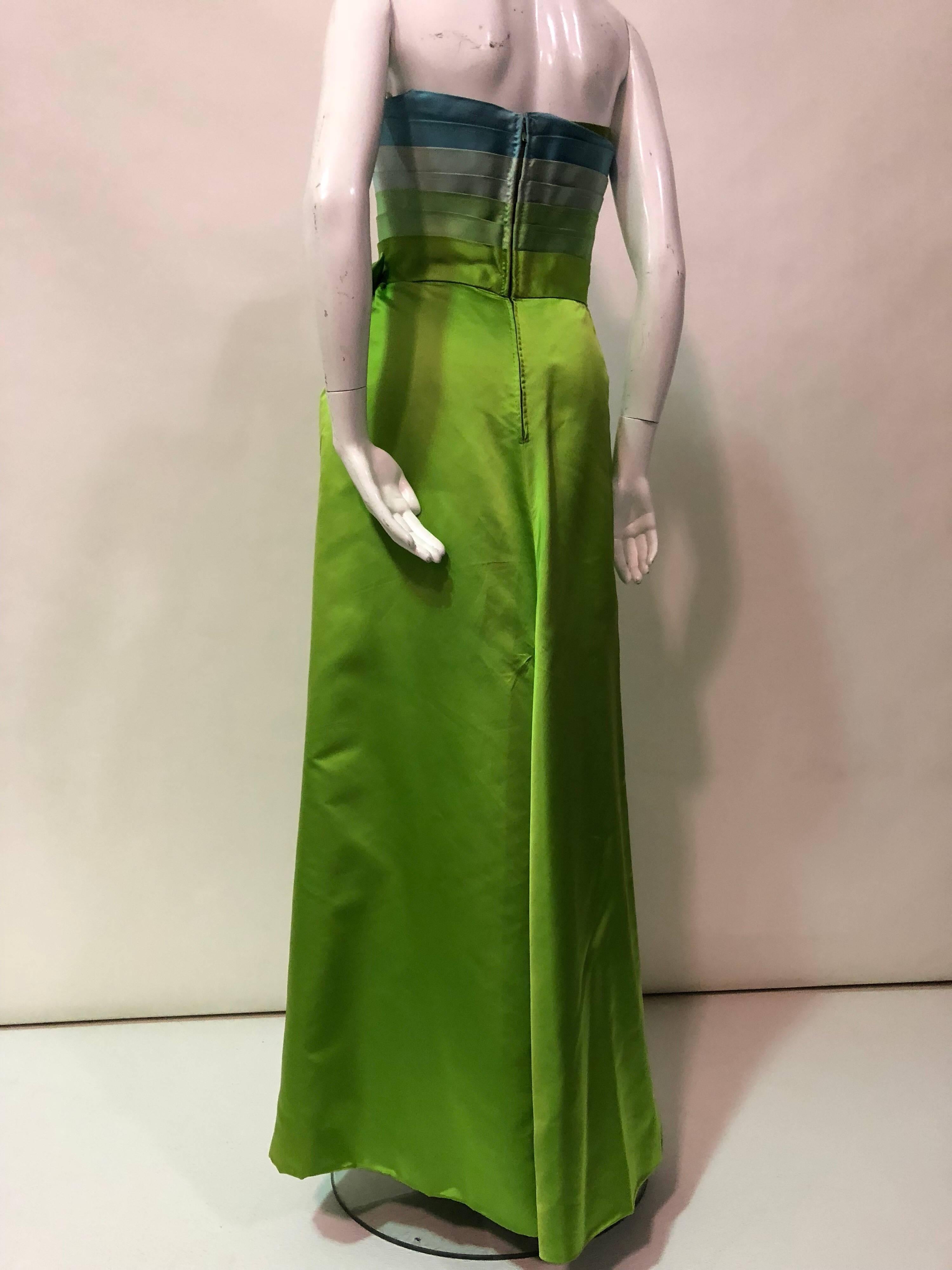 Philip Hulitar Satin Gown with Aqua Turquoise Chartreuse Pleated Bodice, 1950s  2